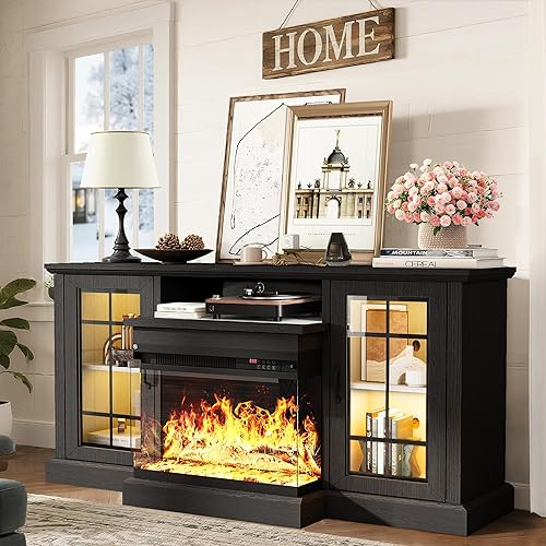 MXV - Soporte de chimenea para TV de 59 pulgadas, centro de entretenimiento estilo granja con soporte de TV de 3 lados de vidrio, consola multimedia