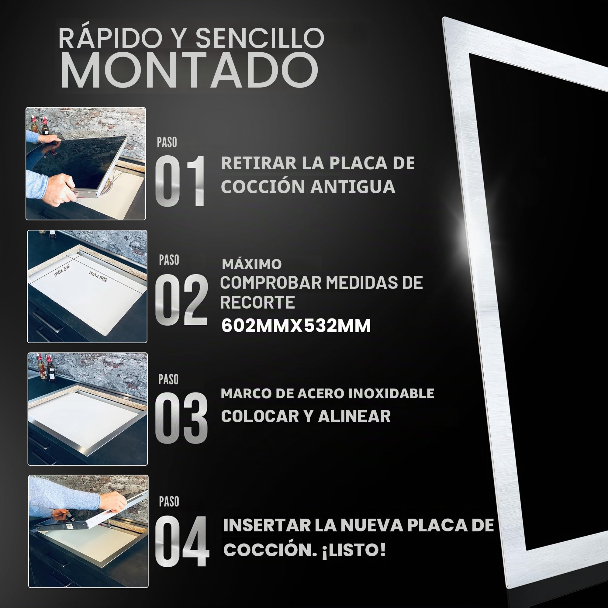 Marco adaptador para placas de cocción - 100% adecuado - ¡Para una experiencia culinaria segura! Incluye 2,5 m de cinta de sellado para la instalación