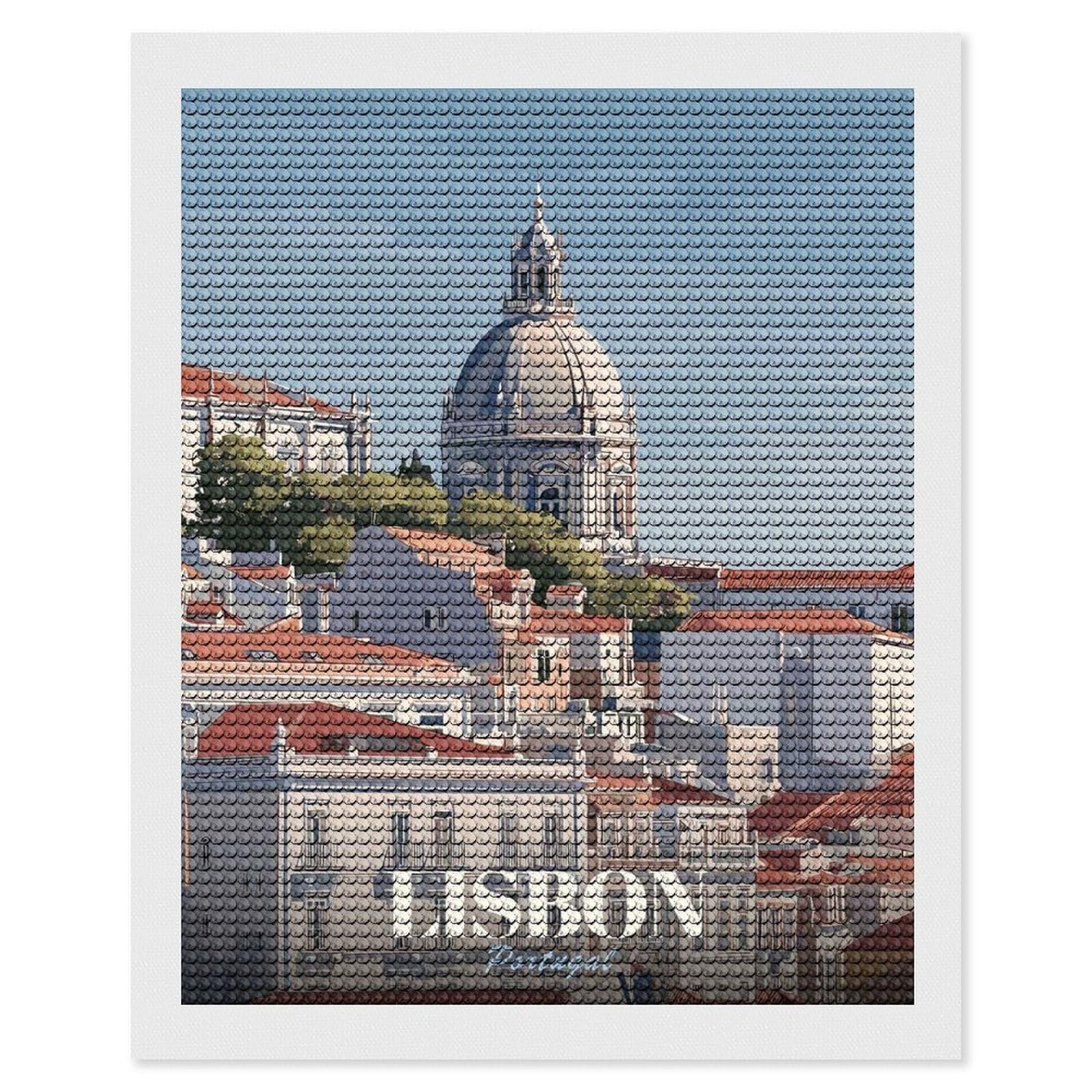 Junmoney Lisbon, Portugal Cityscape Illustration(2) Diamond Painting Canvas Set 16"x20", for Women, Pleasing Wall Art Project, Aesthetic Room Decor, Gift Idea
