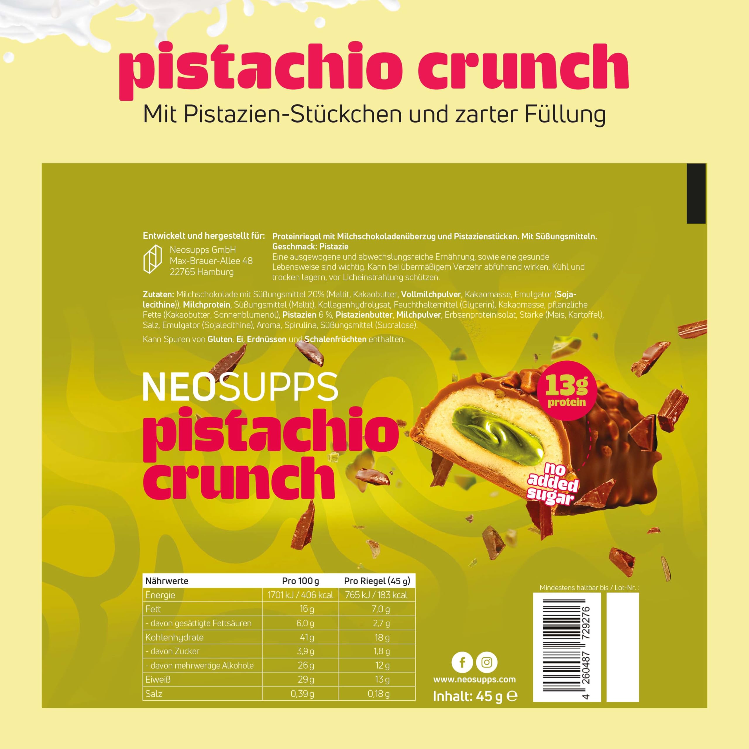 Neosupps Protein Bar Pistachio Crunch 12x45g, Proteinriegel mit 13g Protein & nur 1,8g Zucker, Eiweißriegel mit echten Pistazienstücken & Vollmilchschokolade, low-sugar, high Protein Riegel
