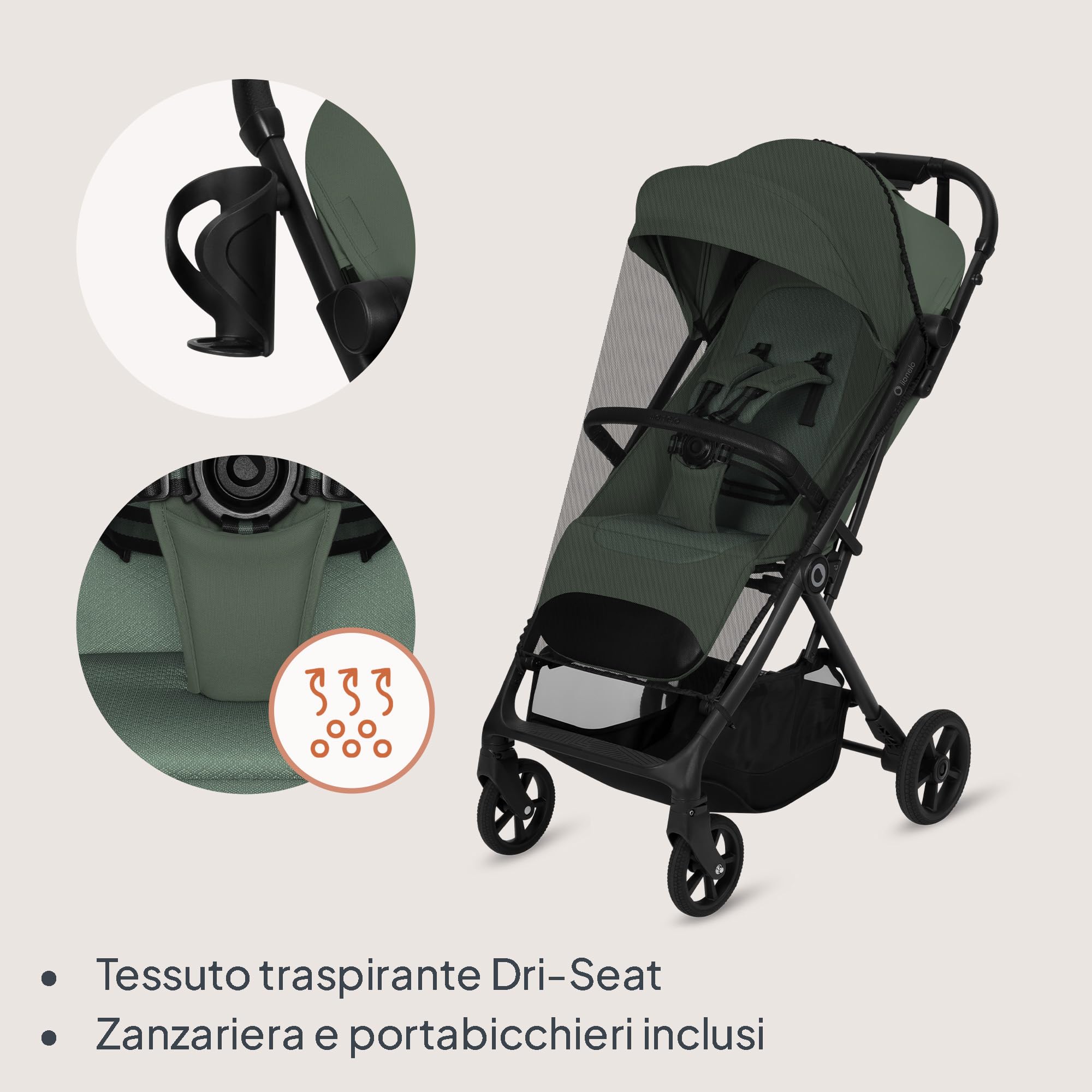 Lionelo TANSI Passeggino Leggero Compatto fino a 22 kg Pieghevole con Chiusura Automatica a una Mano, Ruote GravelTech Ammortizzate, Schienale Reclinabile, Cappottina Ventilata, Dri Seat Traspirante