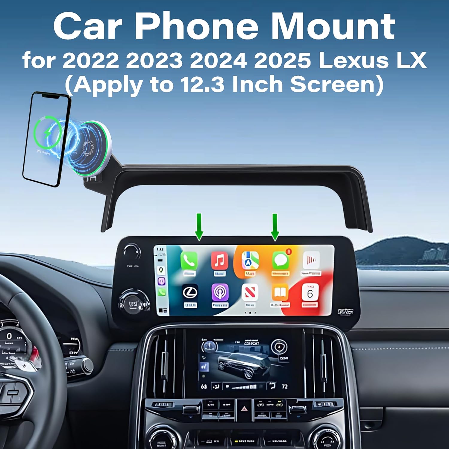 Car Phone Holder for 2022 2023 2024 Lexus LX Accessories Apply to 12.3 Inch Touch Screen 15W Fast Wireless Charger Screen Fixed Clip Cell Phone Mount Hands-Free 360 Degree Rotation