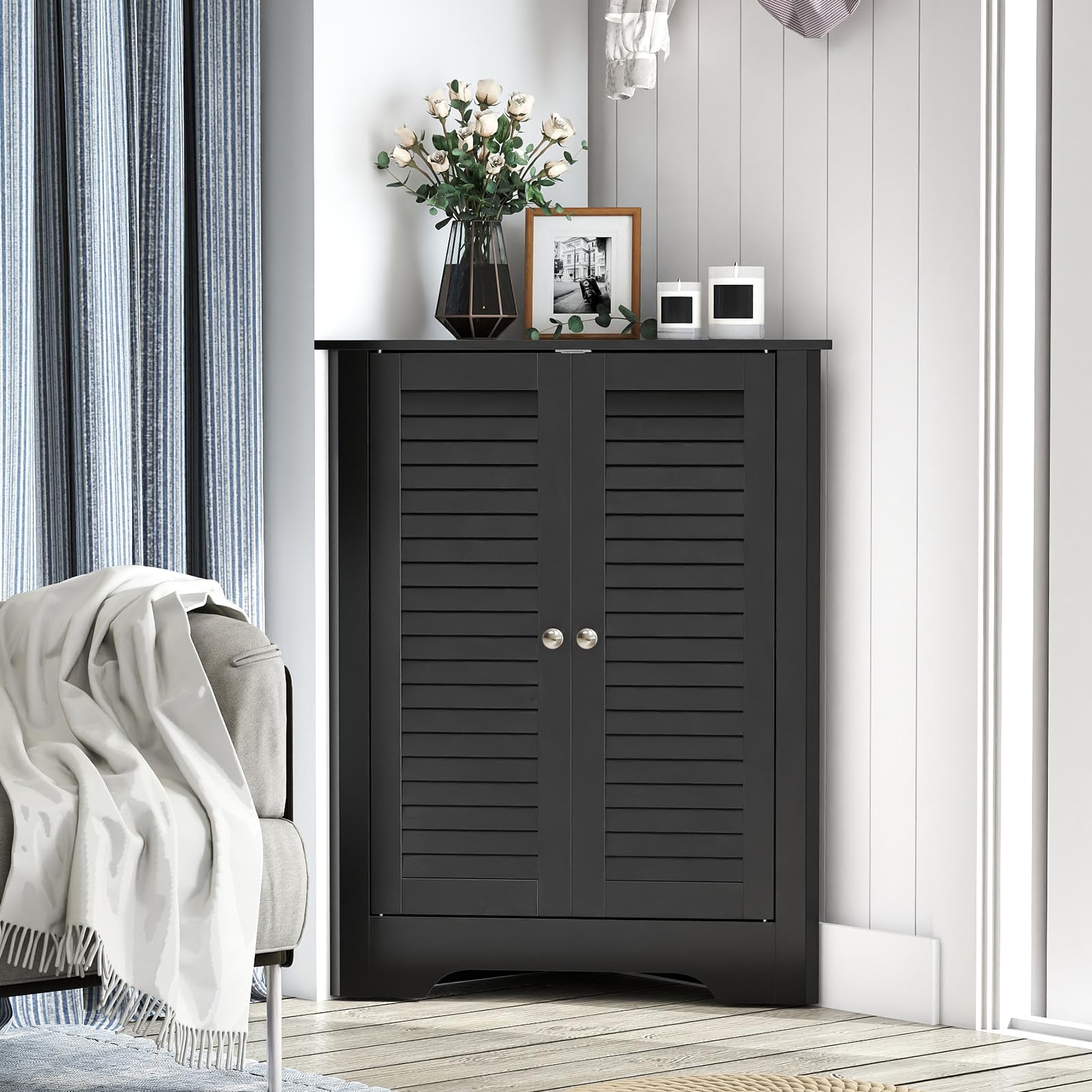 COSTWAY Meuble d'angle, avec 2 Portes et Étagère Réglable, Meuble de Rangement Autoportant pour Salle de Bain, Entrée, Salon, Chambre (Noir)