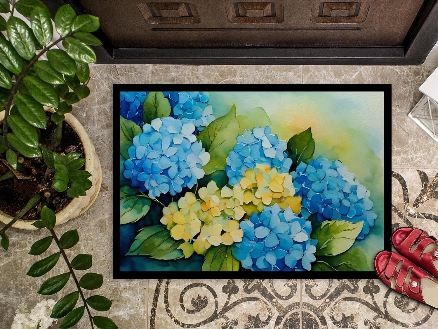 Caroline's Treasures DAC1578MAT Hydrangeas in Watercolor Doormat 18x27 Front Door Mat Indoor Outdoor Rugs for Entryway, Non Slip Washable Low Pile, 18H X 27W