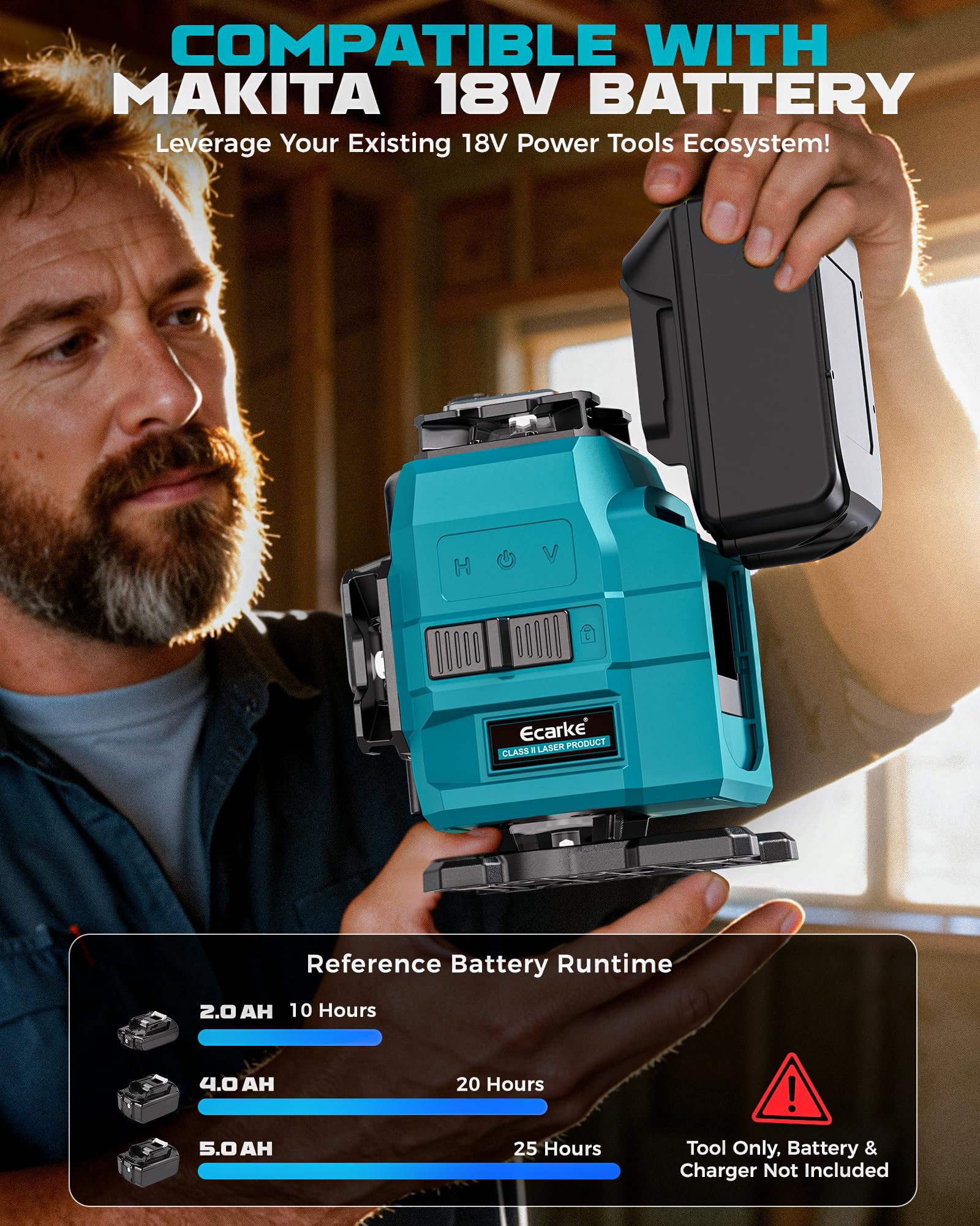 Ecarke Nivel Laser 4D con 16 Líneas Horizontales, 4x360°, Trípode, Compatible con Batería Makita 18V, Nivel Láser Autogestionado para Obras de Construcción, Azulejos y Renovación (Solo Herramienta)