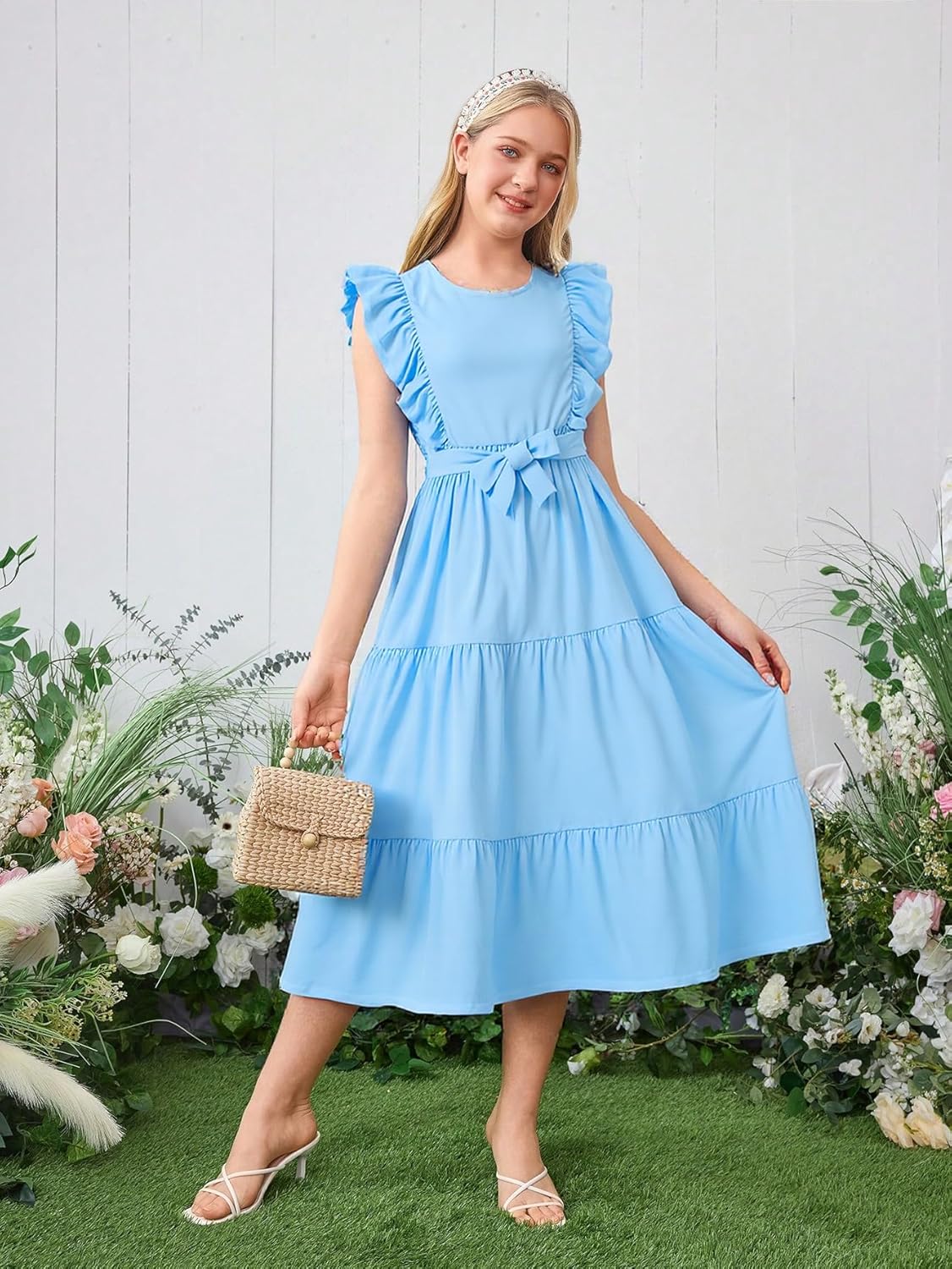 Girls Summer Dresses Ruffle Sleeve Dress A Line Swing Belted Casual Solid Color Party Dress 6-14 Years - Image 6