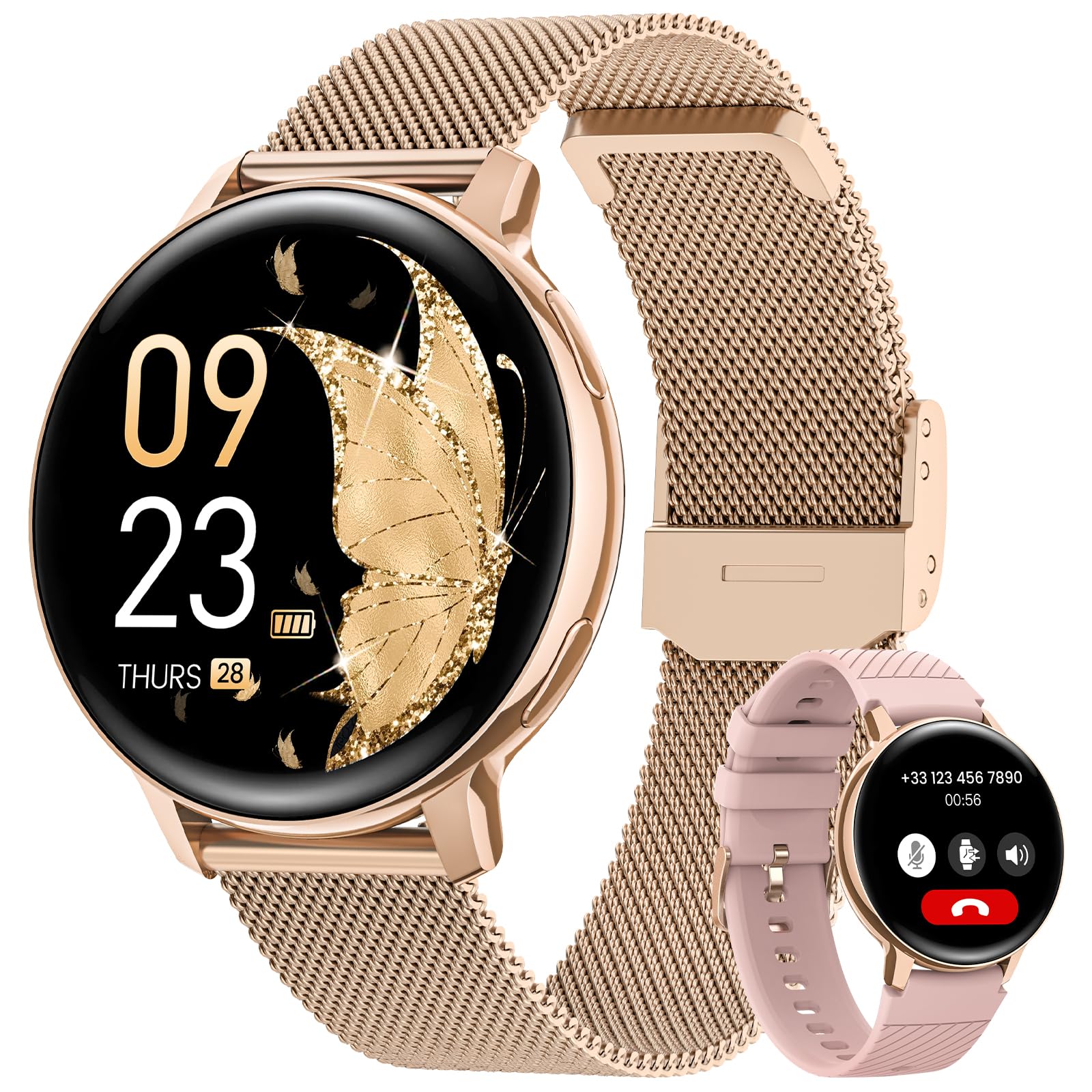 Sanorum Smartwatch Donna, 1.39" Orologio Smartwatch con Chiamate, Fisiologia Femminile, 24H Cardiofrequenzimetro SpO2, Sonno, 120+ Sport, Notifiche, Smart Watch Fitness per iOS Android Oro Rosa