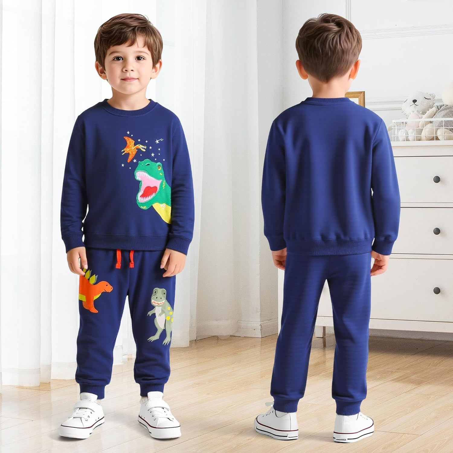 Tokeya Trainingspak voor Jongens Kinder Sportkleding Langarm Katoenen Joggingpak Dinosaurusmotief Sweatshirt en Joggingbroek Set Vrijetijdspak Maat 6-7 jaar, Marineblauw Tokeya Trainingspak voor Jongens Kinder Sportkleding Langarm Katoenen Joggingpak Dinosaurusmotief Sweatshirt en Joggingbroek Set Vrijetijdspak Maat 6-7 jaar, Marineblauw