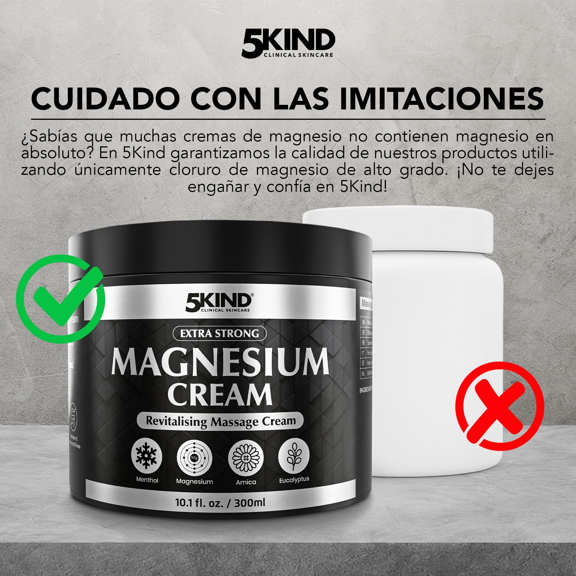 5Kind Crema de magnesio extrafuerte, 300ml - Crema de magnesio para músculos, articulaciones, espalda, rodillas, hombros - Enriquecida con árnica, eucalipto, consuelda, mentol y aceite de cáñamo