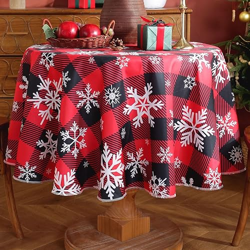 Miniatura 9 de Mantel de Navidad de vinilo con reverso de franela, rectangular, 52 x 70 pulgadas, patrón de bolas de Navidad, 100% impermeable, mantel de plástico