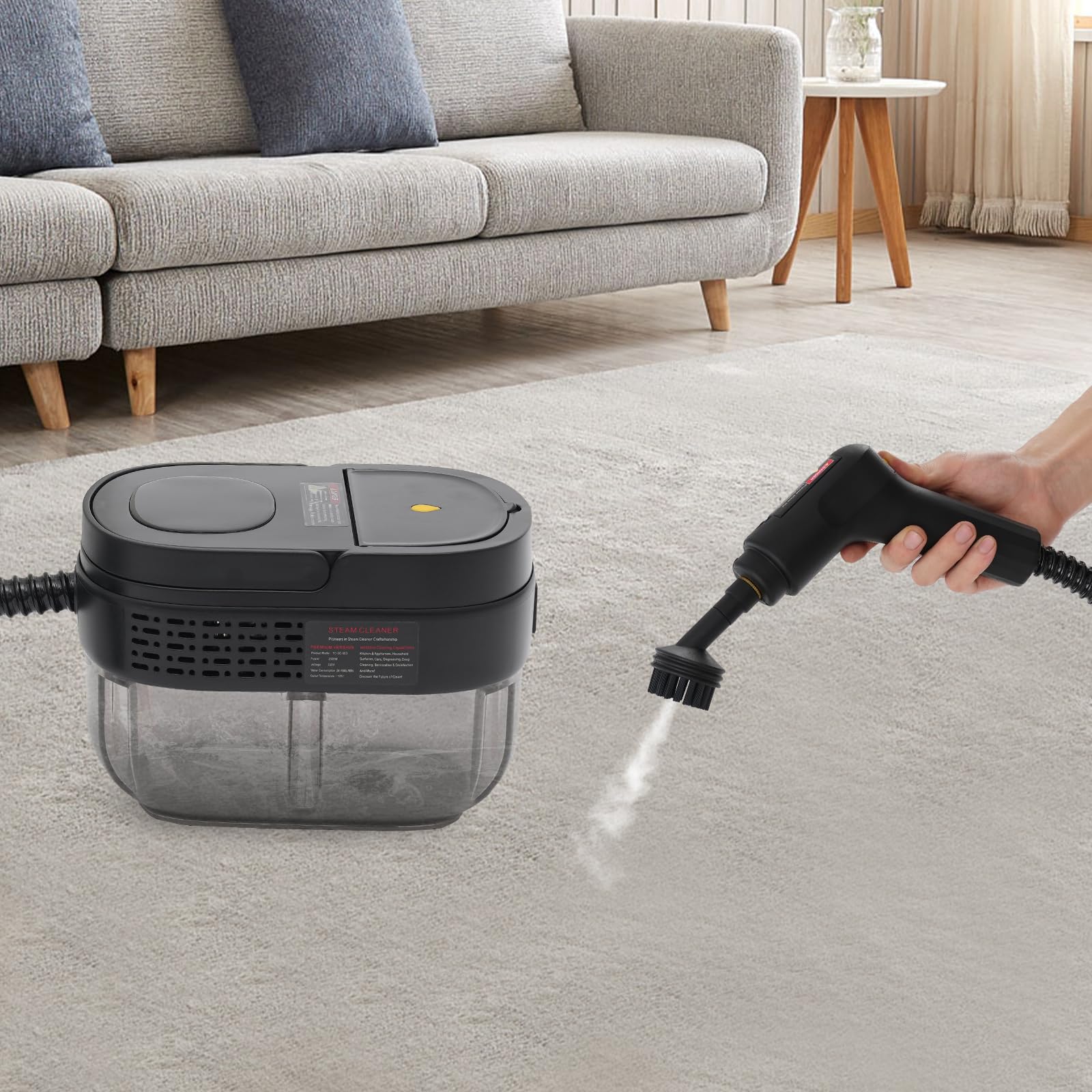 Handdampfreiniger Hochtemperatur-Druck-Dampfreinigungsmaschine Schwarz | Kann als Dampfmopp, Autoreiniger, Bodenreiniger und Teppichreiniger verwendet werden.