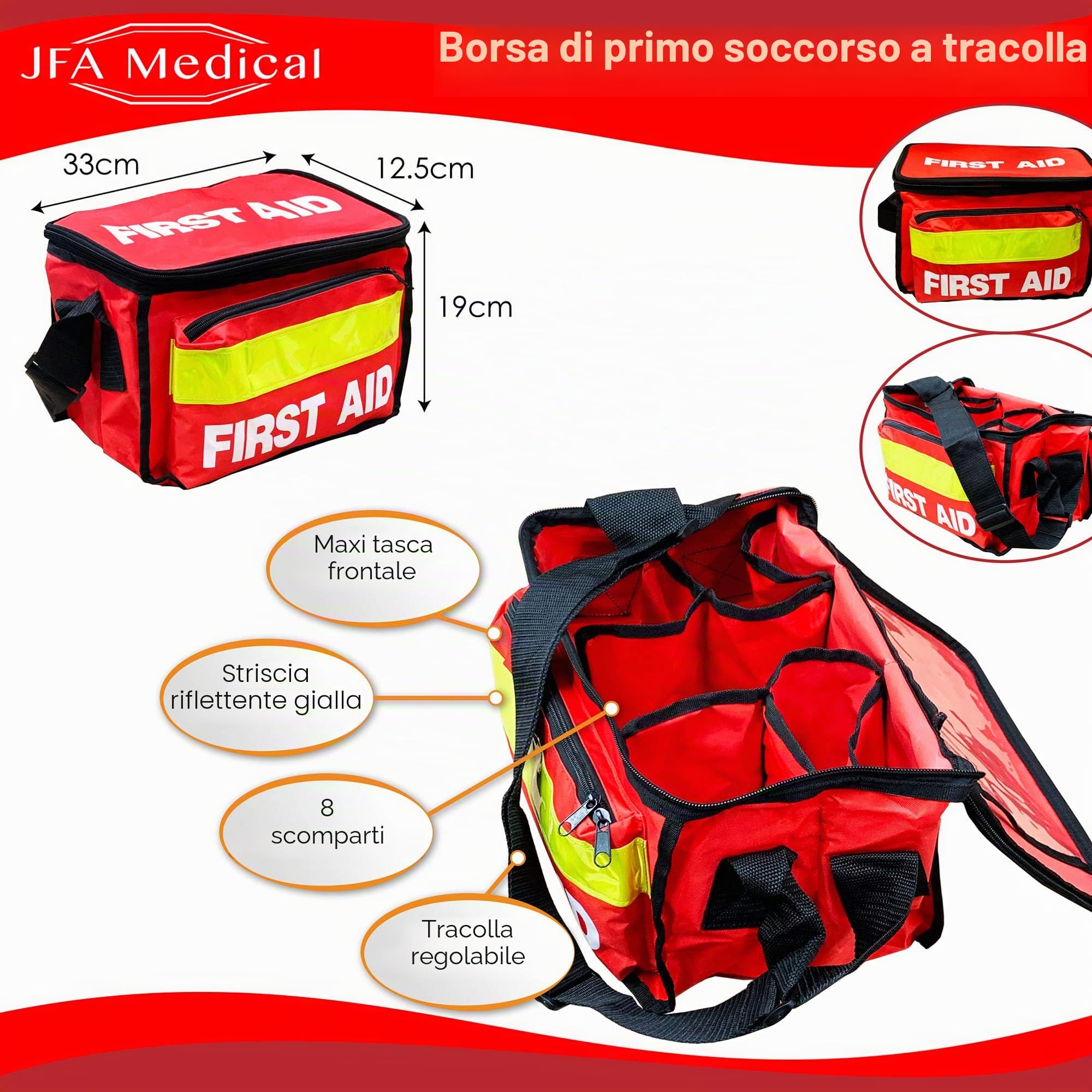 JFA Medical Zaino Rosso di Pronto Soccorso di Emergenza con Tasca Frontale - Vuoto