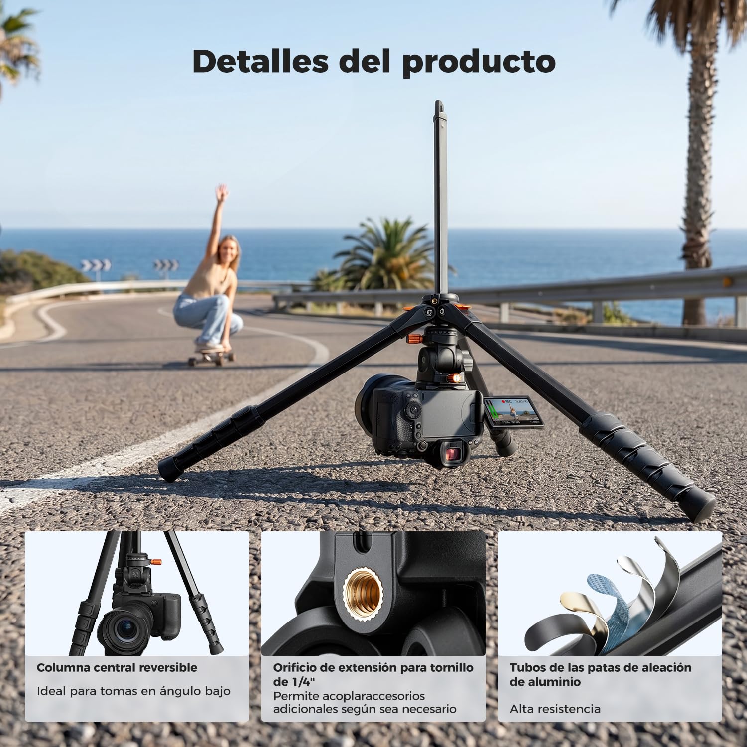 K&F Concept Trípode para Cámara 162cm | Cabezal Fluido, Trípode de Viaje de Aluminio para Vídeo, Movimiento Suave de Panorámica e Inclinación, Carga Máxima de 3kg