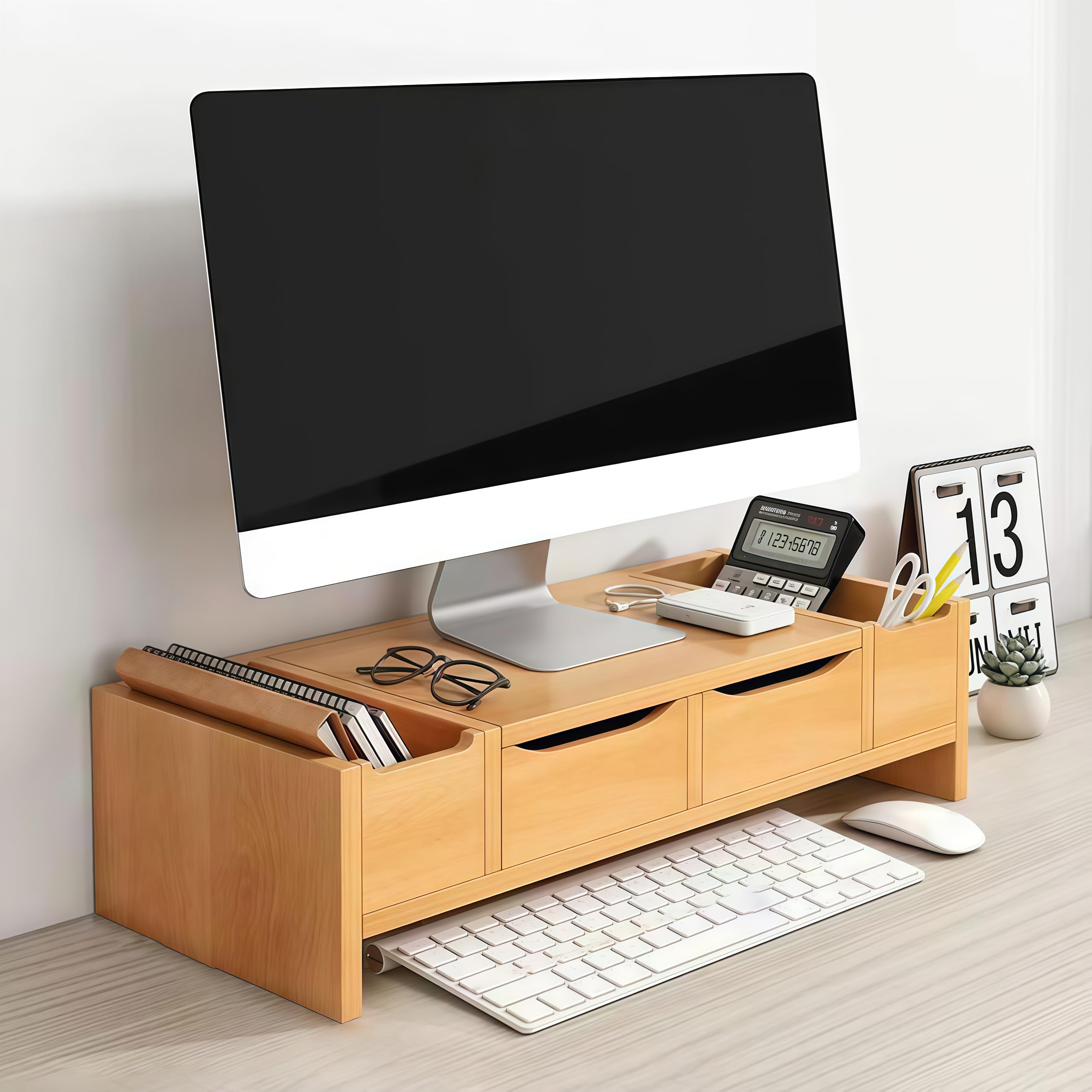 Supporto salvaspazio in legno per monitor con cassetto, scrivania a 2 ripiani, per computer e TV a schermo piatto, per casa, ufficio e configurazione di gioco