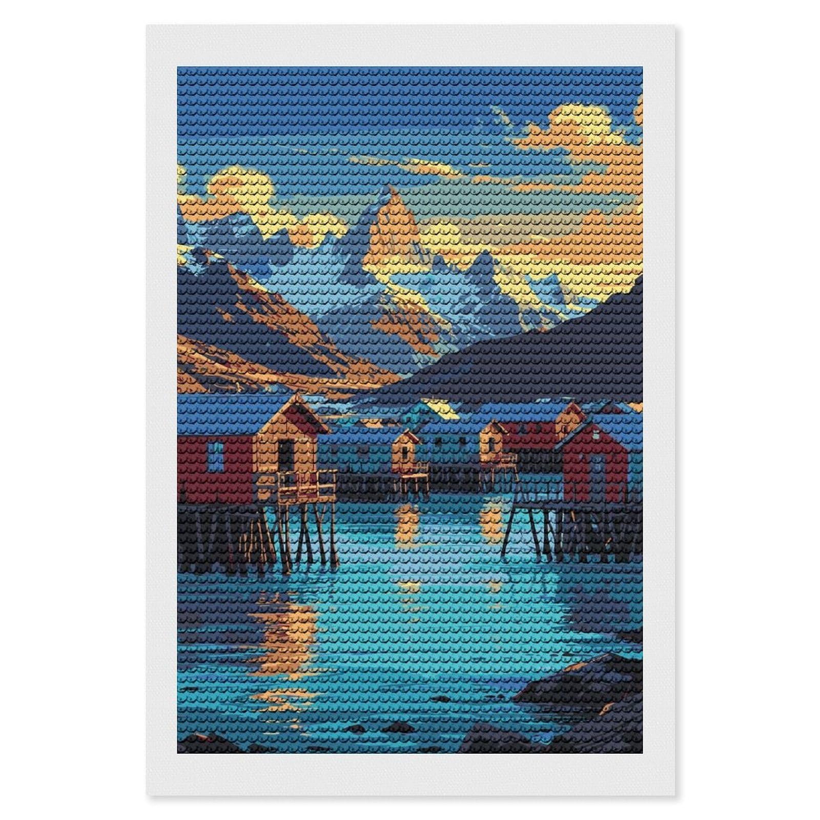 Junmoney Coastal Village with Mountain Backdrop Round Drill Diamond Painting 8"x12", Satisfying Creative Project, Complete Accessories, Printed Canvas