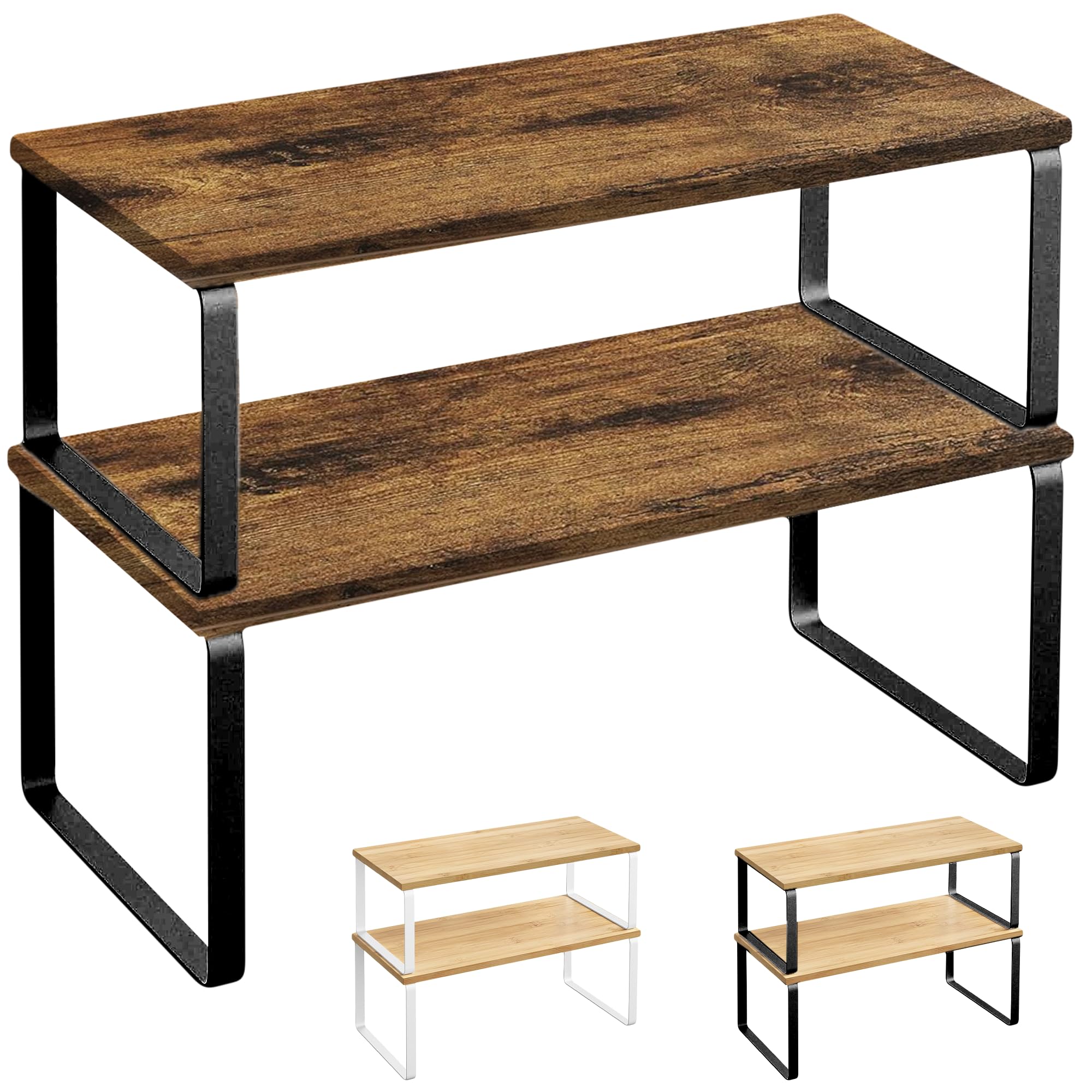 JUPPLIES - Pack 2 Organizador Cocina Estante para Especias - Organizador Armario Cocina Multiusos - Estanteria Cocina de Almacenamiento Apilable con Diseño de Bambu y Metal (Negro + Marrón Rústico)