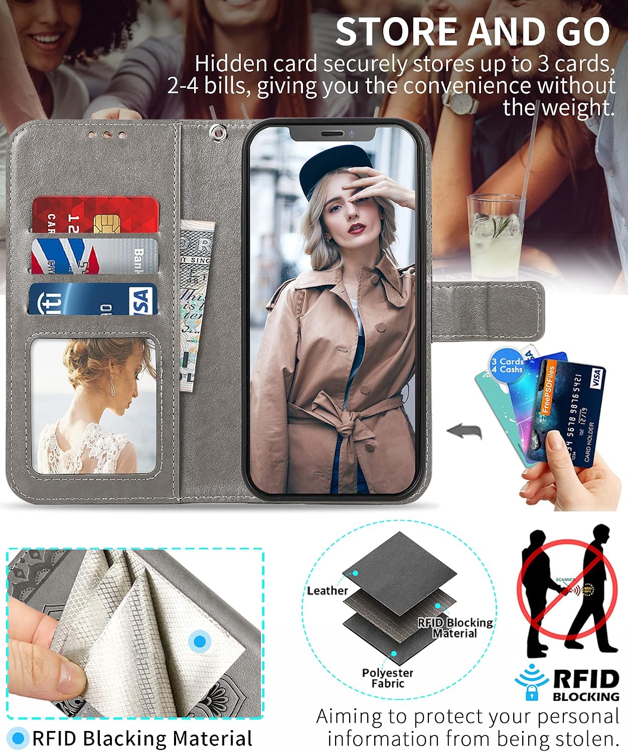 CASEOWL Compatible for iPhone 13 Wallet Case Magnetic Detachable-2 in 1 Mandala Embossed Flip Leather Wallet Case for Women Girls[RFID Blocking] with Card Holder, Hand Strap for iPhone 13 2021(Gray)