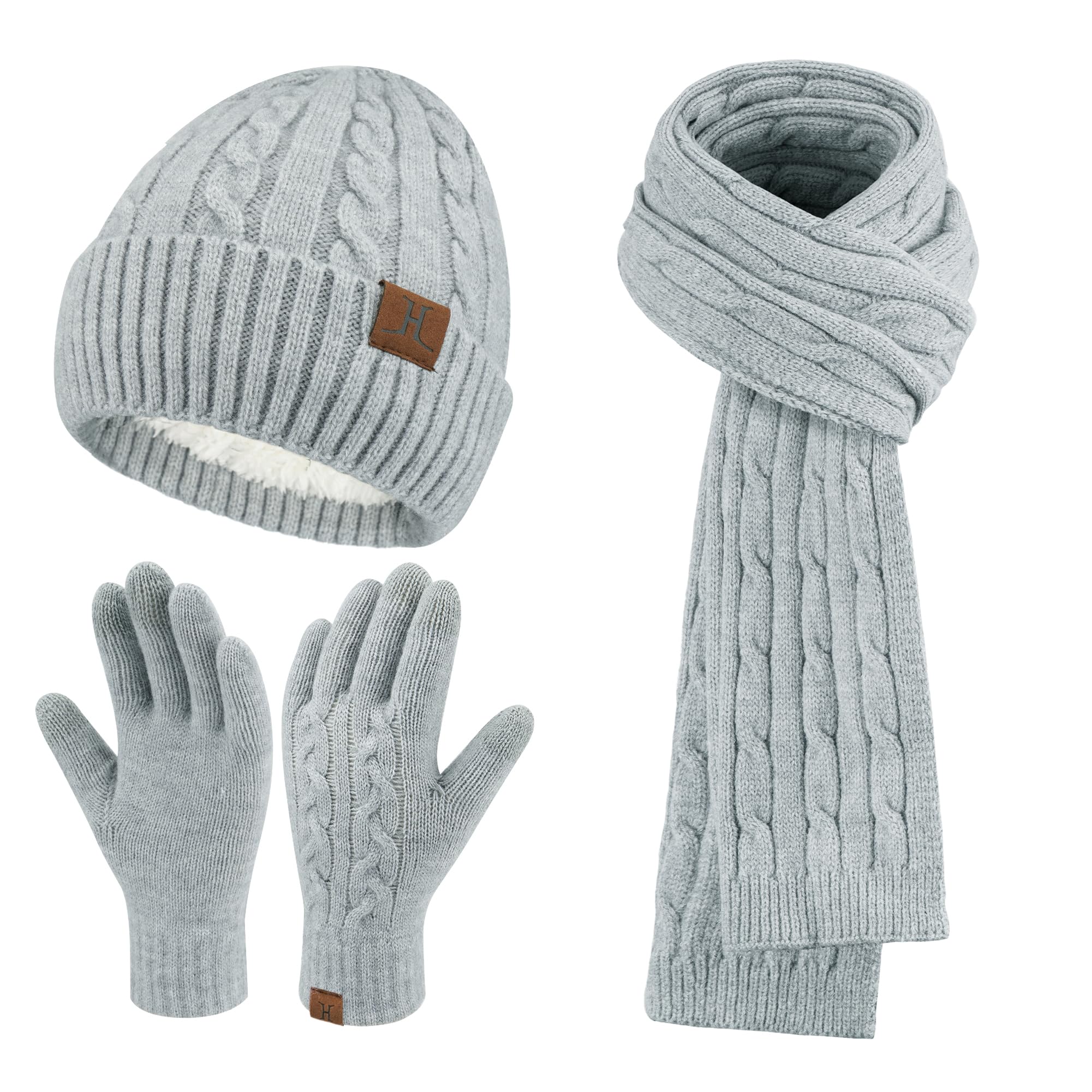 ZASFOU Damen Winter Mütze Schal Touchscreen Handschuhe Set Thermo Strickmütze Beanie Wintermütze Schals Winterschal Winterhandschuhe Geschenk für Frauen