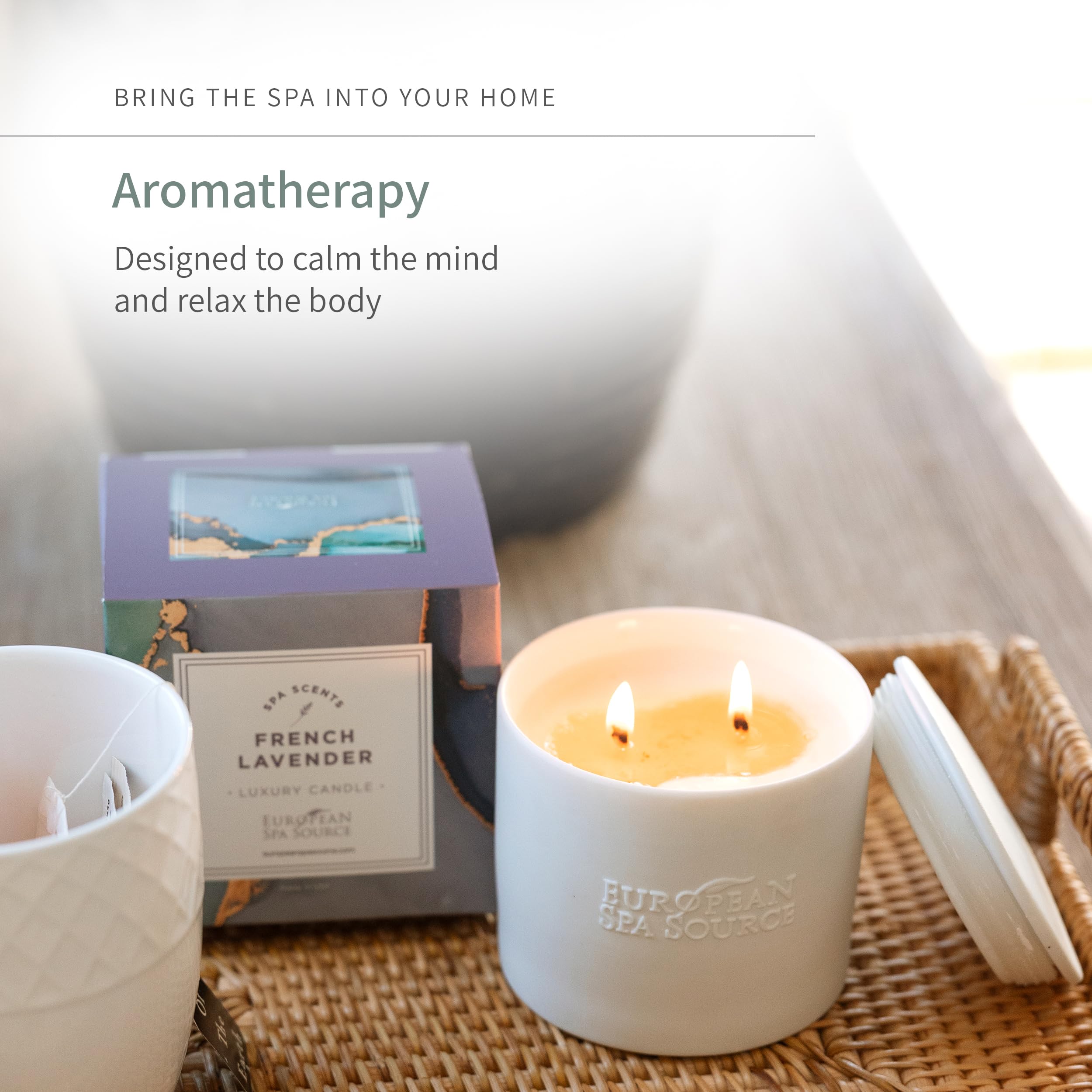 European Spa Source Französischer Lavendel Luxuskerze für Aromatherapie, Sojawachskerze, handgegossen, zu Hause, Spa-Erlebnis, fördert die Entspannung, 45 Stunden Brenndauer