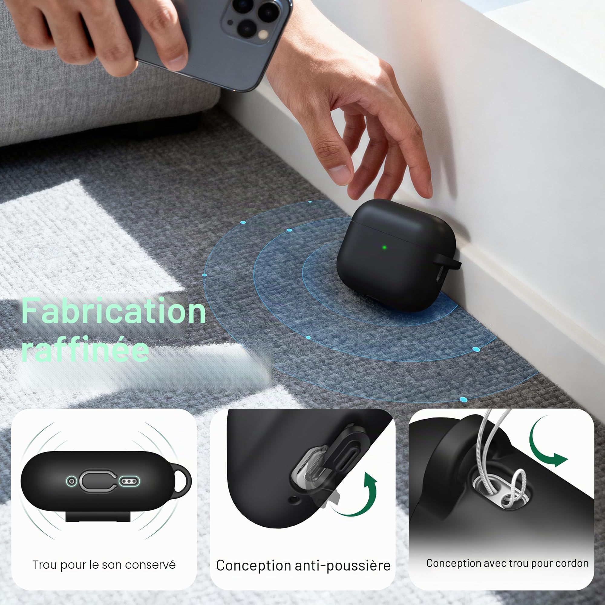 Coque AirPods Pro 3 Silicone Souple Protection Apple AirPods Pro 3e génération Noir avec Kit de Nettoyage Porte-clés