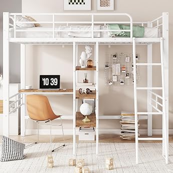 Kebnor Bunk Bed 90 x 200 cm without Mattress Bed with Desk Multiple Shelves Railing Ladder Iron Frame White