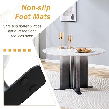 47.3 Inch Round Dining Room Table Set for 4, 5-Piece Marble-Look Modern Kitchen Table with 4 Padded PU Leather Chairs, Spliced Top & Unique Pedestal Base for Apartment, Space-Saving White