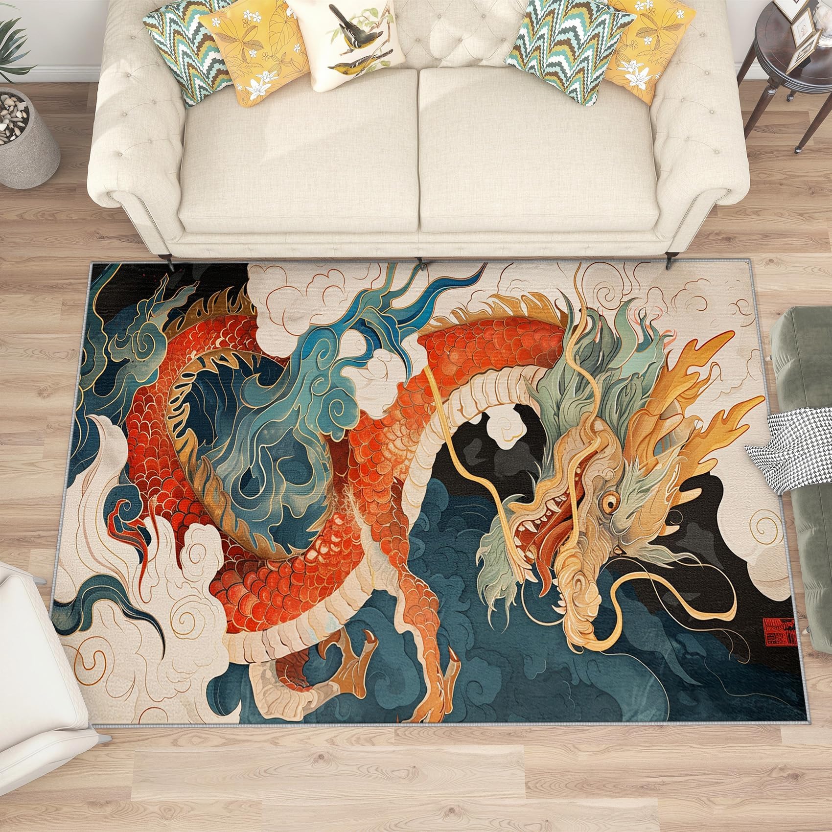 Dywaniki z chińskim smokiem do sypialni 210 x 300 cm japońska pomyślna chmura akwarela zwierzę obszar dywan do salonu, zmywalny, antypoślizgowy miękki dywan do pokoju dziecięcego, wejścia