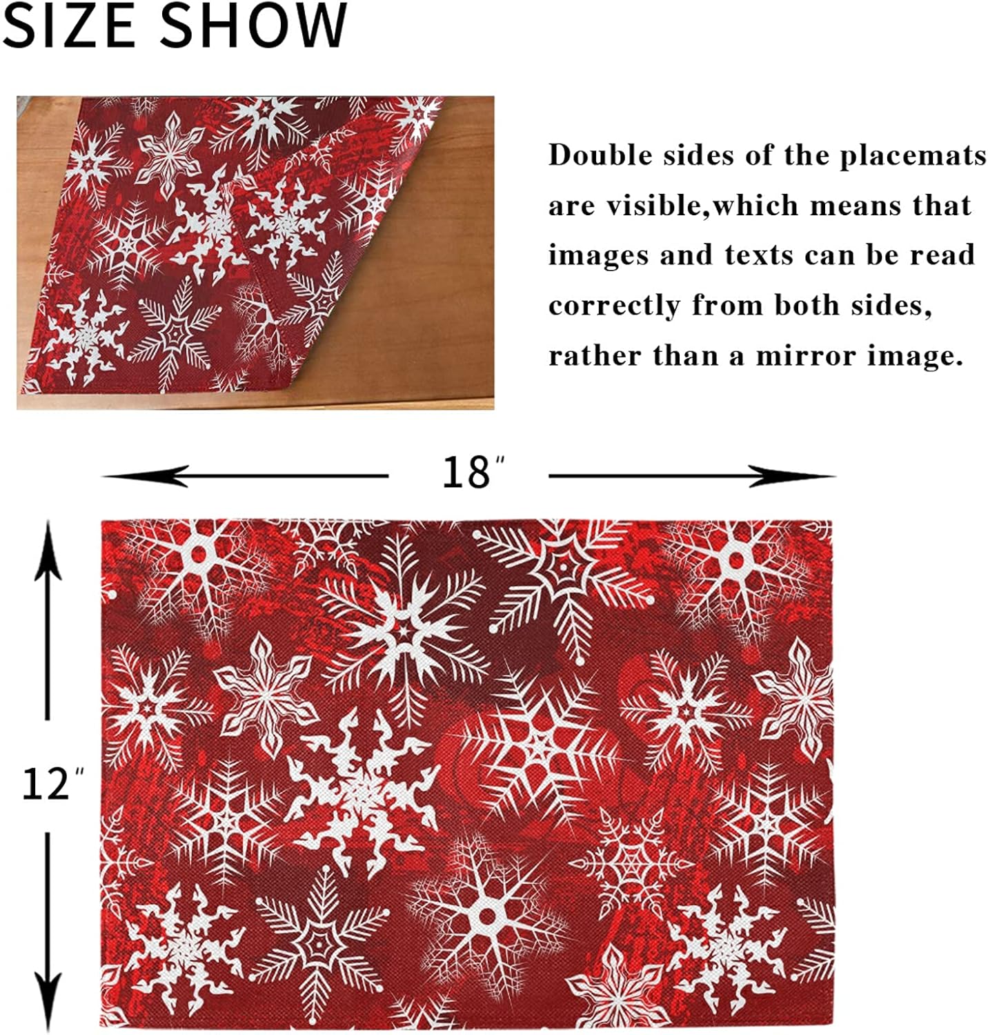 Christmas Placemats Set of 6 Christmas Red Pattern with Snowflakes Flower Placemat Table Place Mats for Dining Kitchen Table Easy to Clean Washable 12" x 18"
