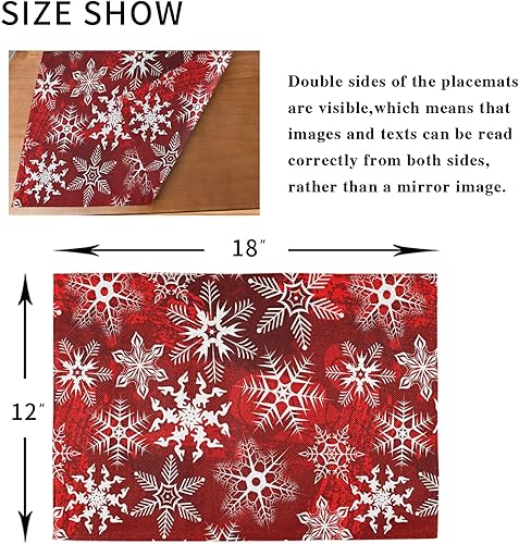 Miniatura 7 de Juego de 6 manteles individuales navideños con patrón rojo navideño con copos de nieve y flores, manteles individuales para mesa de comedor, cocina,