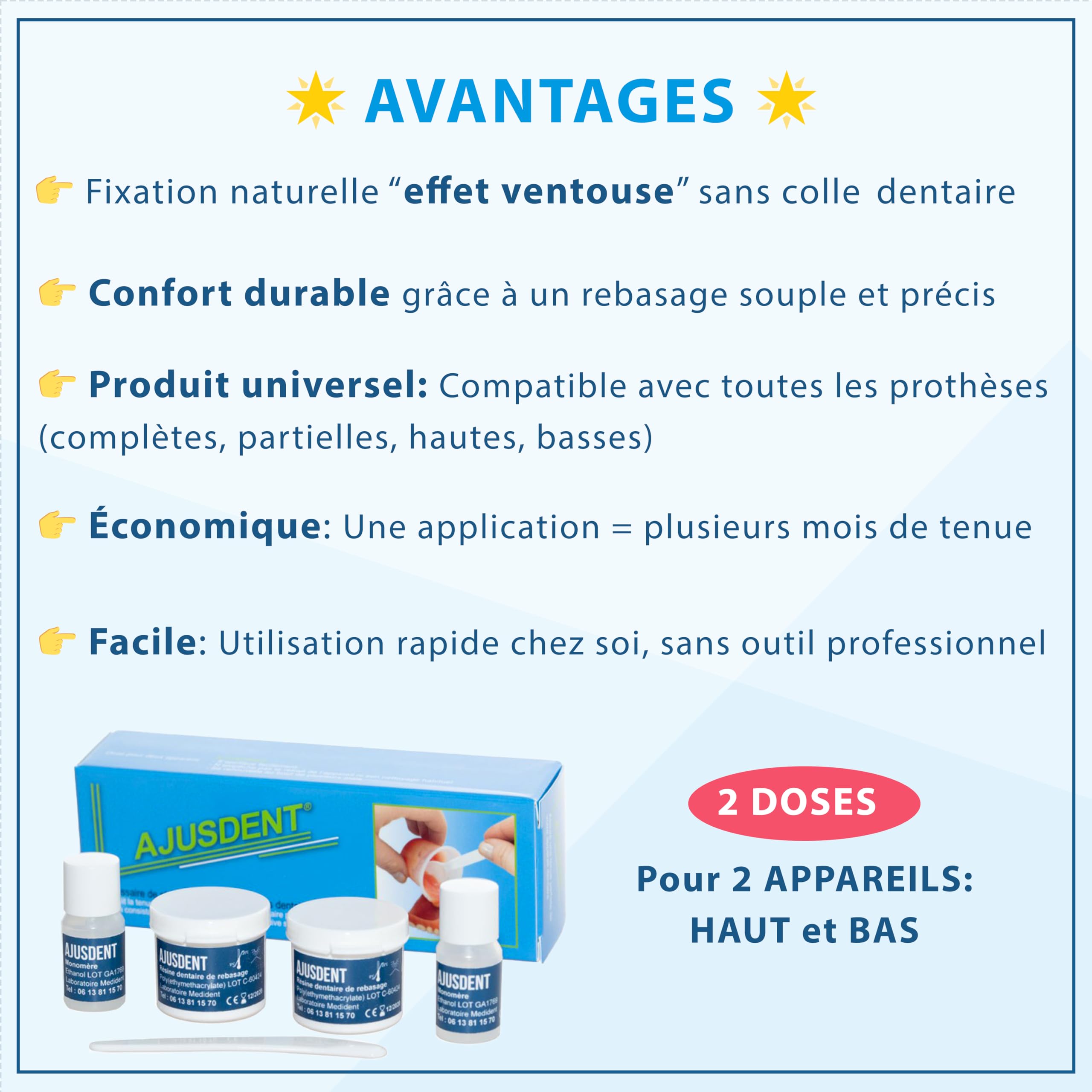AJUSDENT Rebasage souple pour fixer durablement les dentiers sans colle