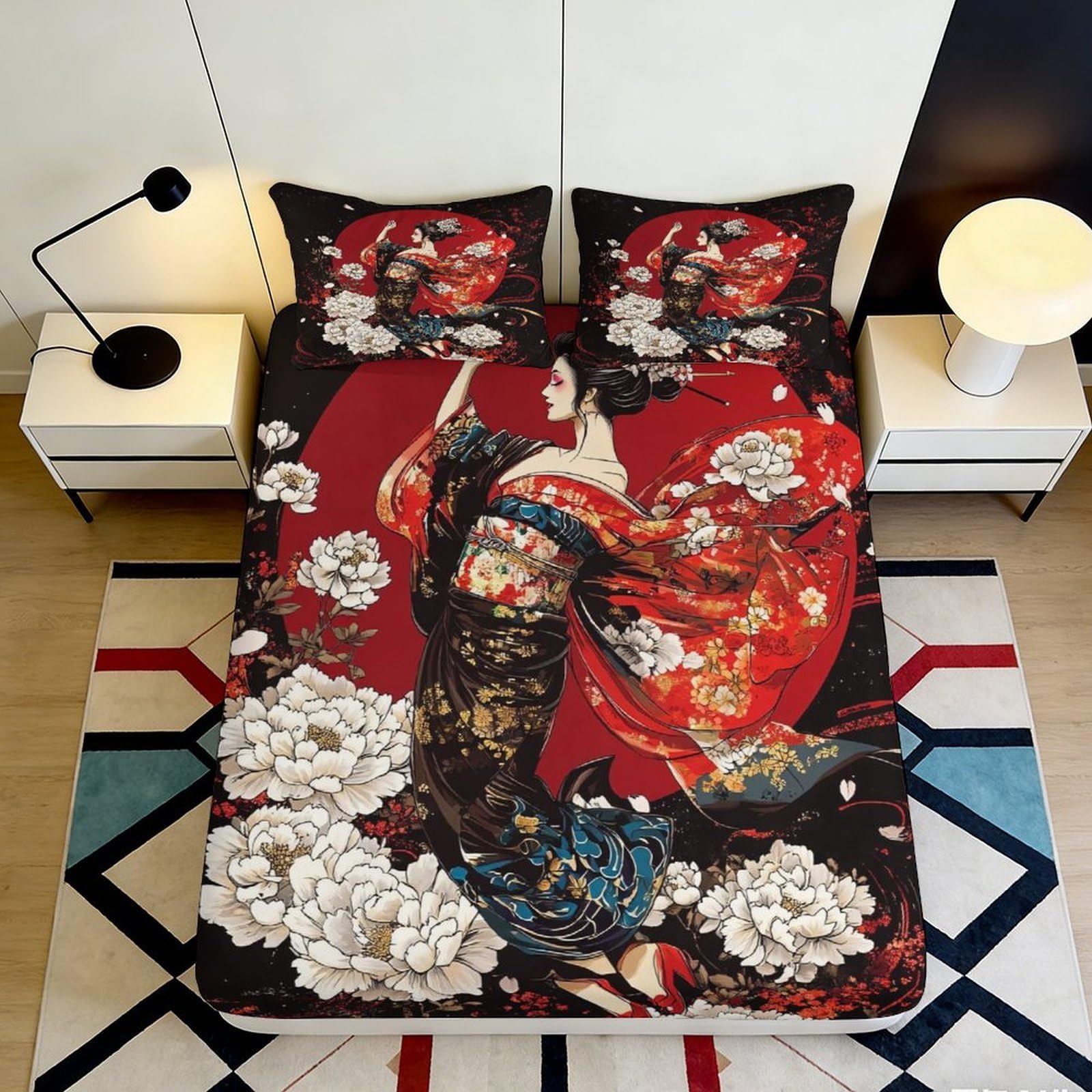 3D Printed Japanese Geisha Fitted Sheet Microfiber Red Kimono Floral Mattress Cover Bedroom Decor 90x200x25cm