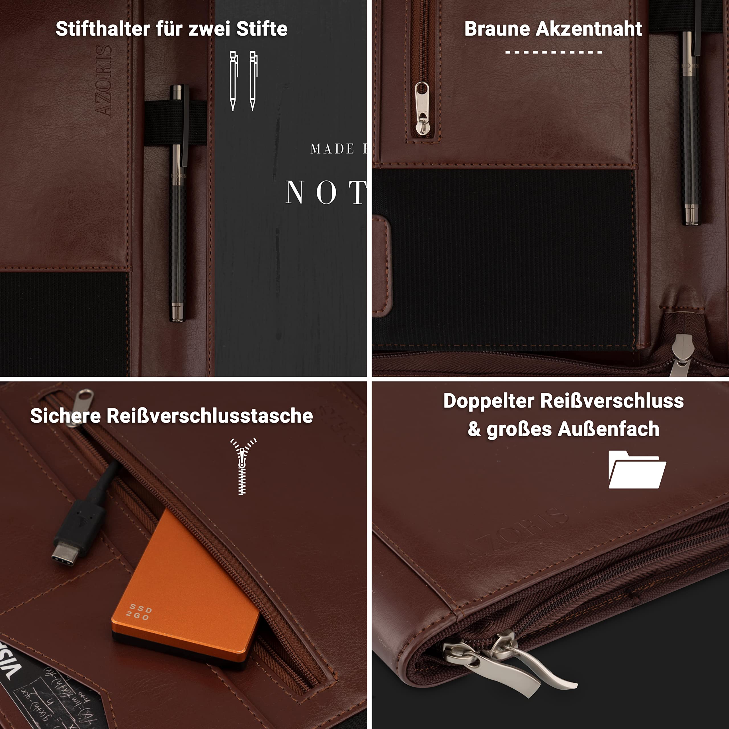 Classeur A4 Premium cuir synthétique double fermeture éclair compartiment 13 pouces tablette iPad professionnel conférence