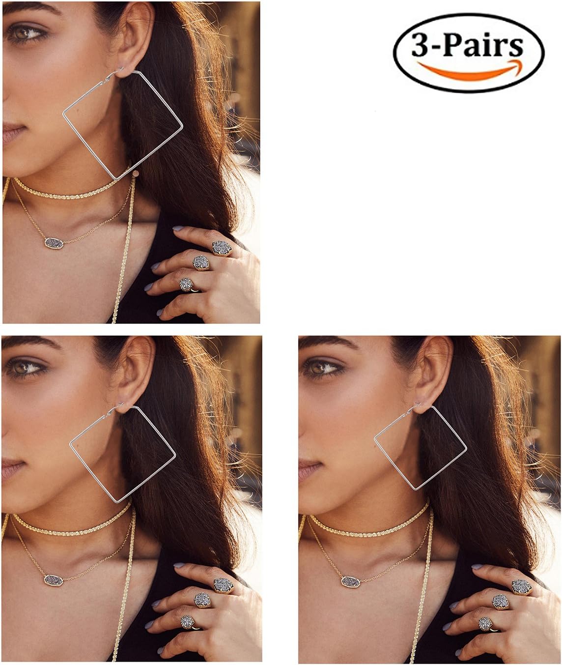 Square Hoop Earrings 3 Pairs Geometric Hoop Earrings Dangle Earring Set For Women (silver) - Image 2