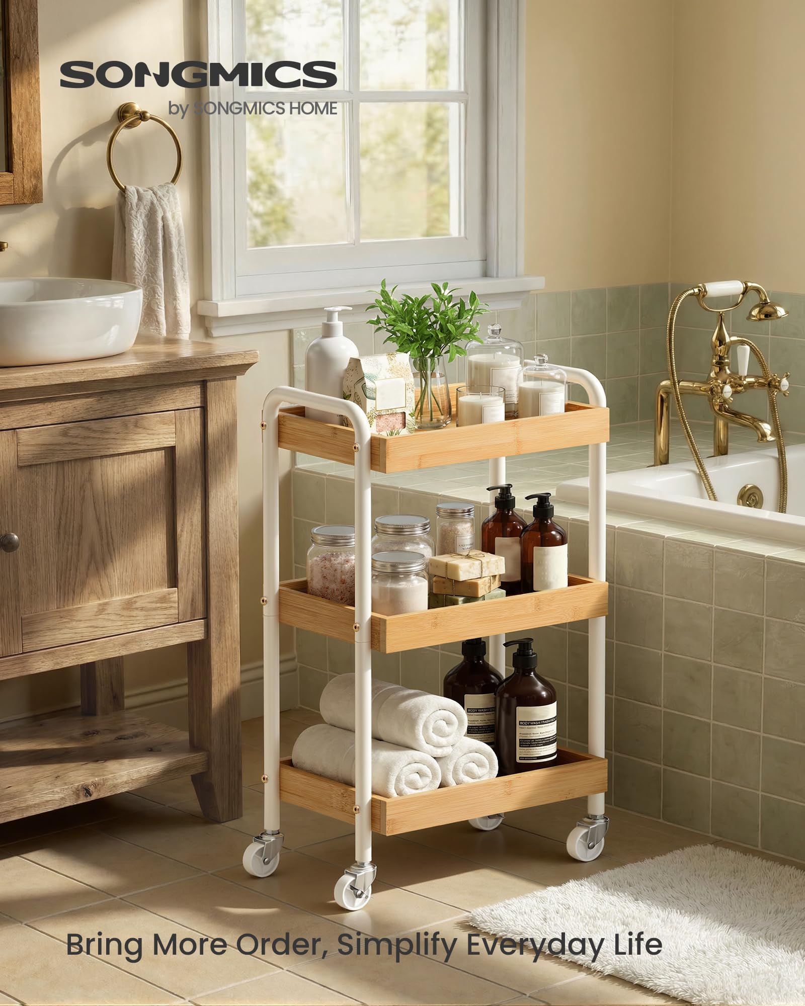 SONGMICS Carrello Portaoggetti, Carrello di Servizio, Scaffale Cucina con Maniglie, Montaggio Facile, Camera da Letto Bagno Cucina, Struttura Acciaio, 27,5 x 41,3 x 73 cm, Beige Naturale LRC081YL01