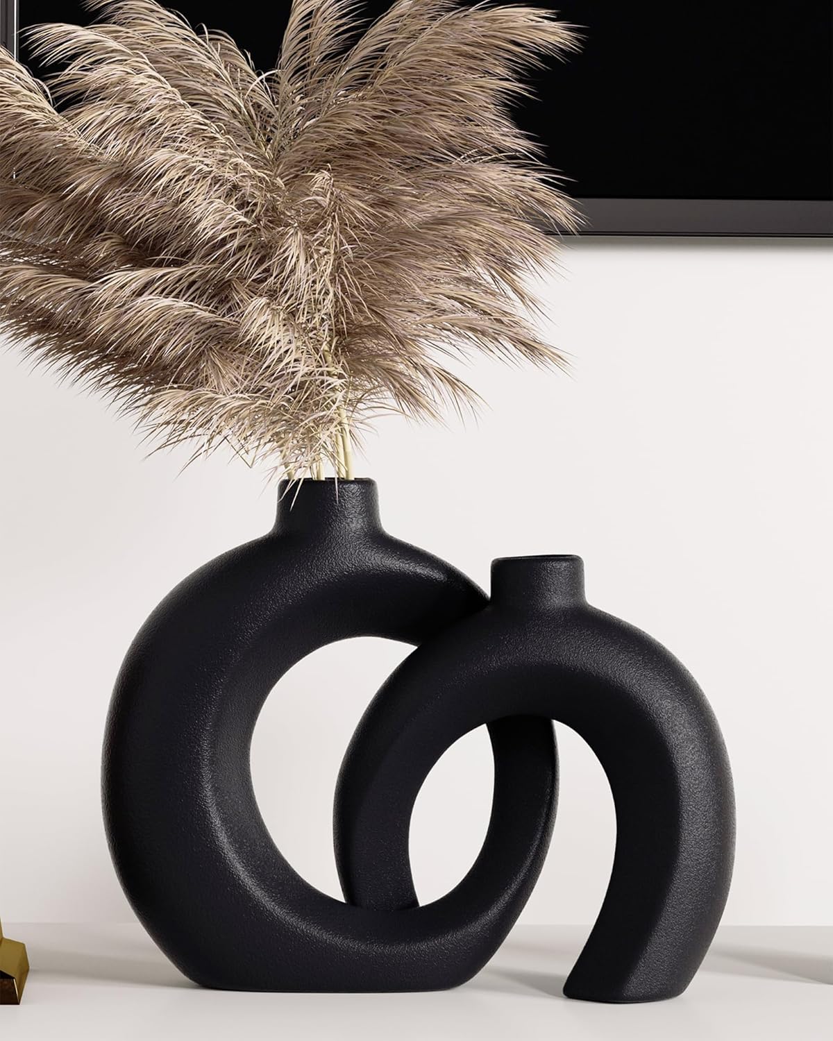 Black Ceramic Donut Shaped Decorative Vase Set of 2