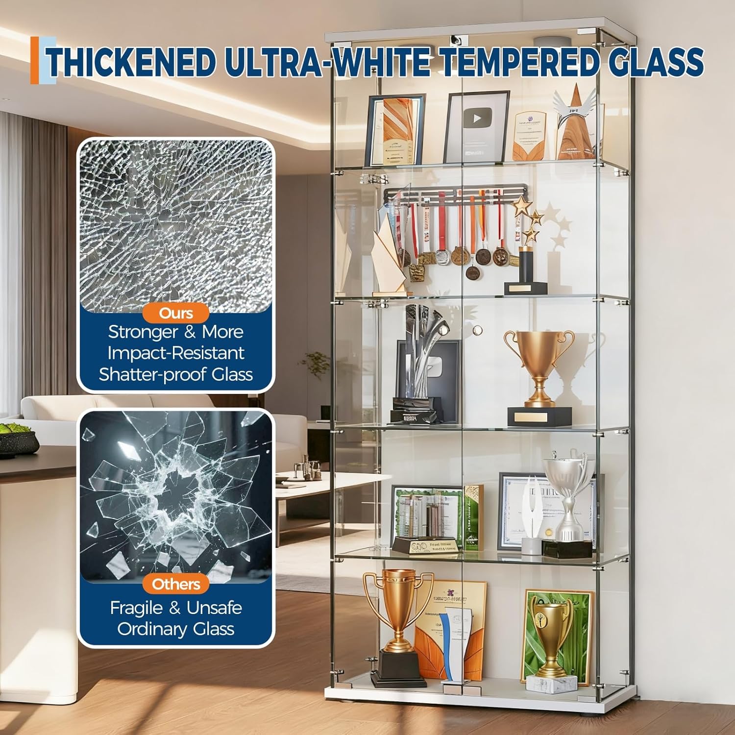 Takywep 5-Tier Curio Display Cabinet with Dual Tempered Glass Doors, Human Body Sensor & 3-Color LED Lights, White Display Case for Collectibles Wine Living Room