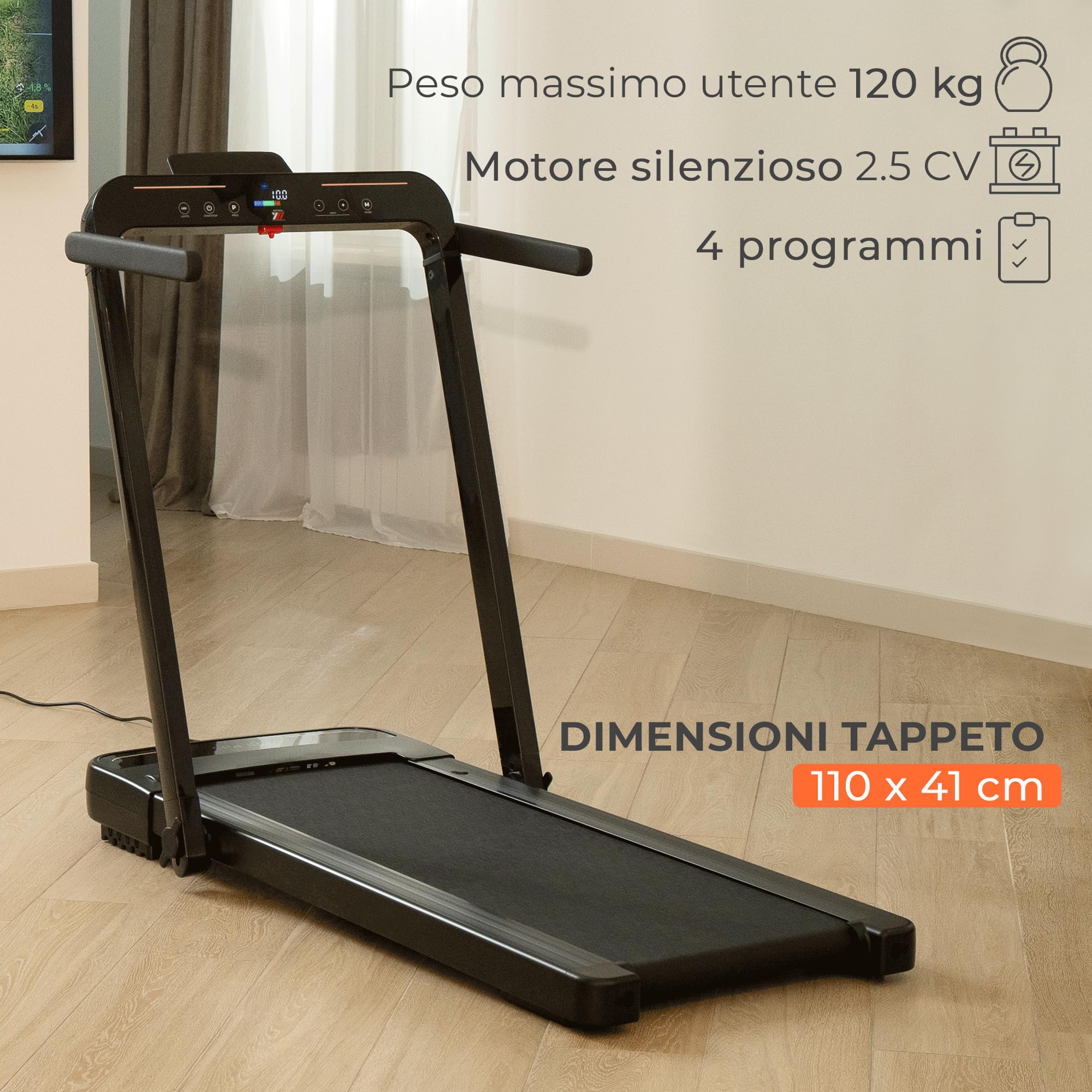 YM Tapis Roulant Elettrico Pieghevole Next 6000, 16 km/h, MARCHIO ITALIANO, Salvaspazio, Bluetooth + APP Interattive Kinomap Zwift Bitgym Fithome, Super Compatto (13 cm Da Chiuso), ASSISTENZA ITALIA