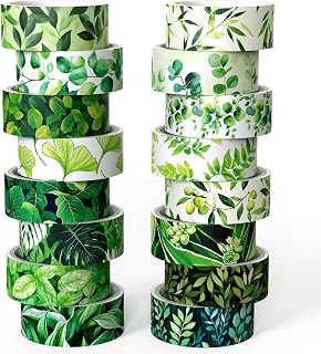 Botanical Green Washi Tape Set- 16 Rolls Leaf Themed Decorative Tape for Journals & Nature Crafts Scrapbooks (0.6" x 10 ft) - Monstera, Bamboo, Olive, Ginkgo, Mint Leaves