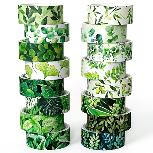 Joysoong Botanical Green Washi Tape Set- 16 Rolls Leaf Themed Decorative Tape for Journals & Nature Crafts Scrapbooks (0.6" x 10 ft) - Monstera, Bamboo, Olive, Ginkgo, Mint Leaves