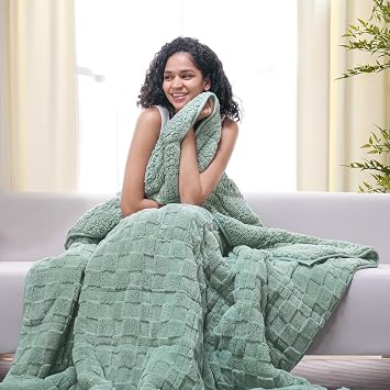 Drewin 15lbs Weighted Blanket Queen Size, Classy Soft Jacquard Checkered Sherpa Weighted Blankets for Sleep Natural and Calming, Cozy Fluffy Heavy Blanket for Sofa Bed, 60 x 80 inches