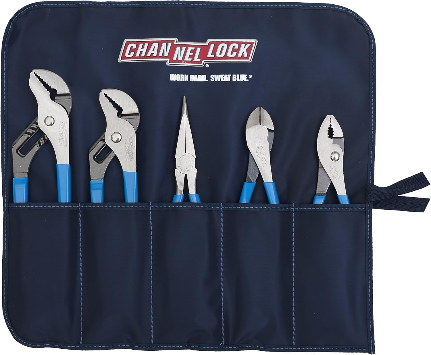 Channellock TOOL ROLL-3 5 Piece Pliers Set | Fast Release Handy Vinyl Pouch Features Long Nose, Diagonal Cutter, Slip Joint, and Tongue and Groove (2) Pliers | Forged from High Carbon Steel | Made in the USA - Tongue And Groove Pliers - 
