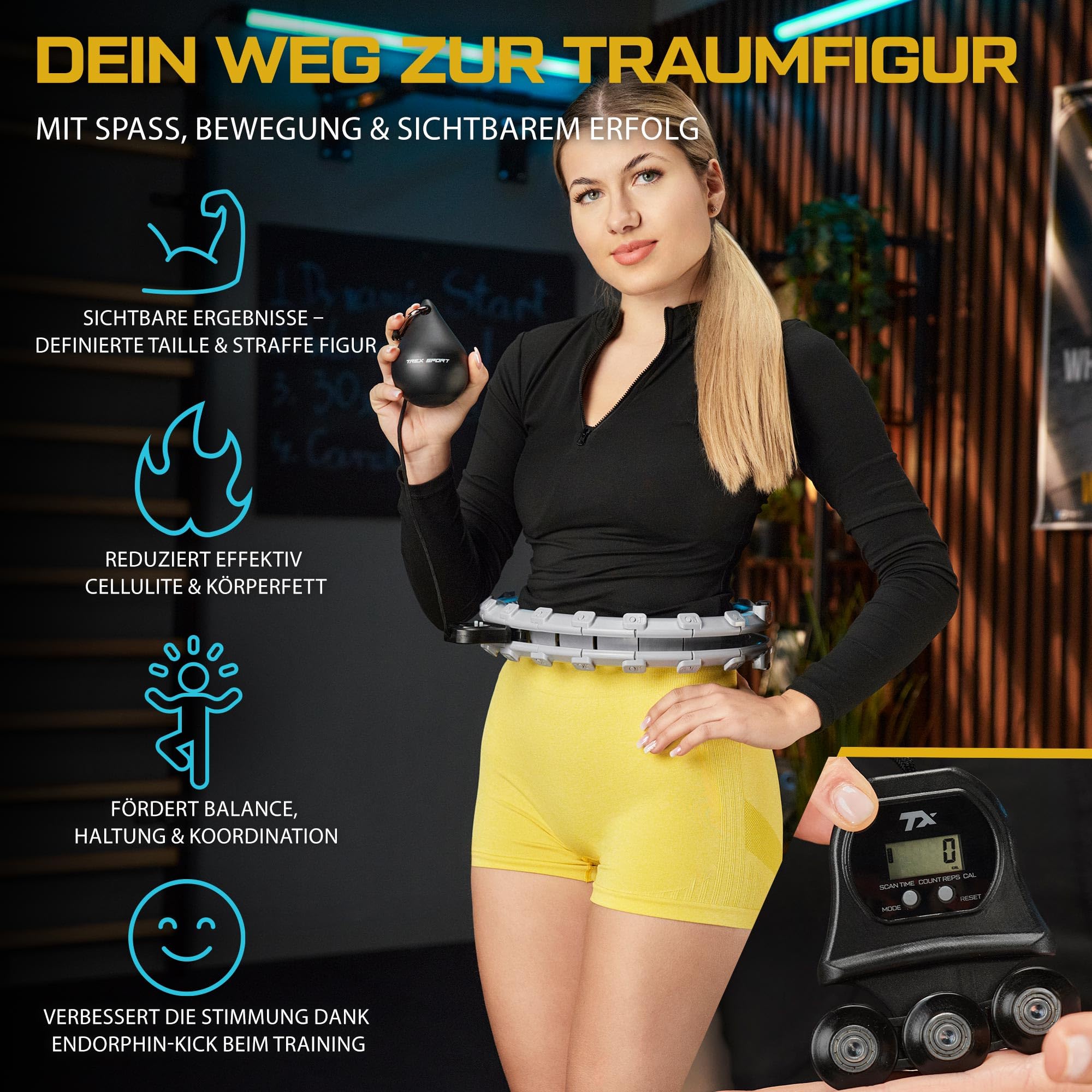 TREX SPORT Smart Hula Hoop Reifen Erwachsene mit Zähler und Gewicht Kugel TX-020CHH | LCD Display, 24 Segmente verstellbar, Massage mit Noppen