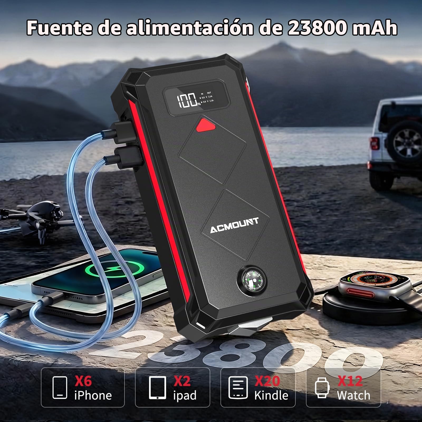 Acmount Arrancador de Baterias de Coche 7000A, Arrancador de Coches Booster Bateria 12V (hasta 12L Gasolina y 10L Diésel) con Pantalla LCD, Linterna LED de 600 Lúmenes