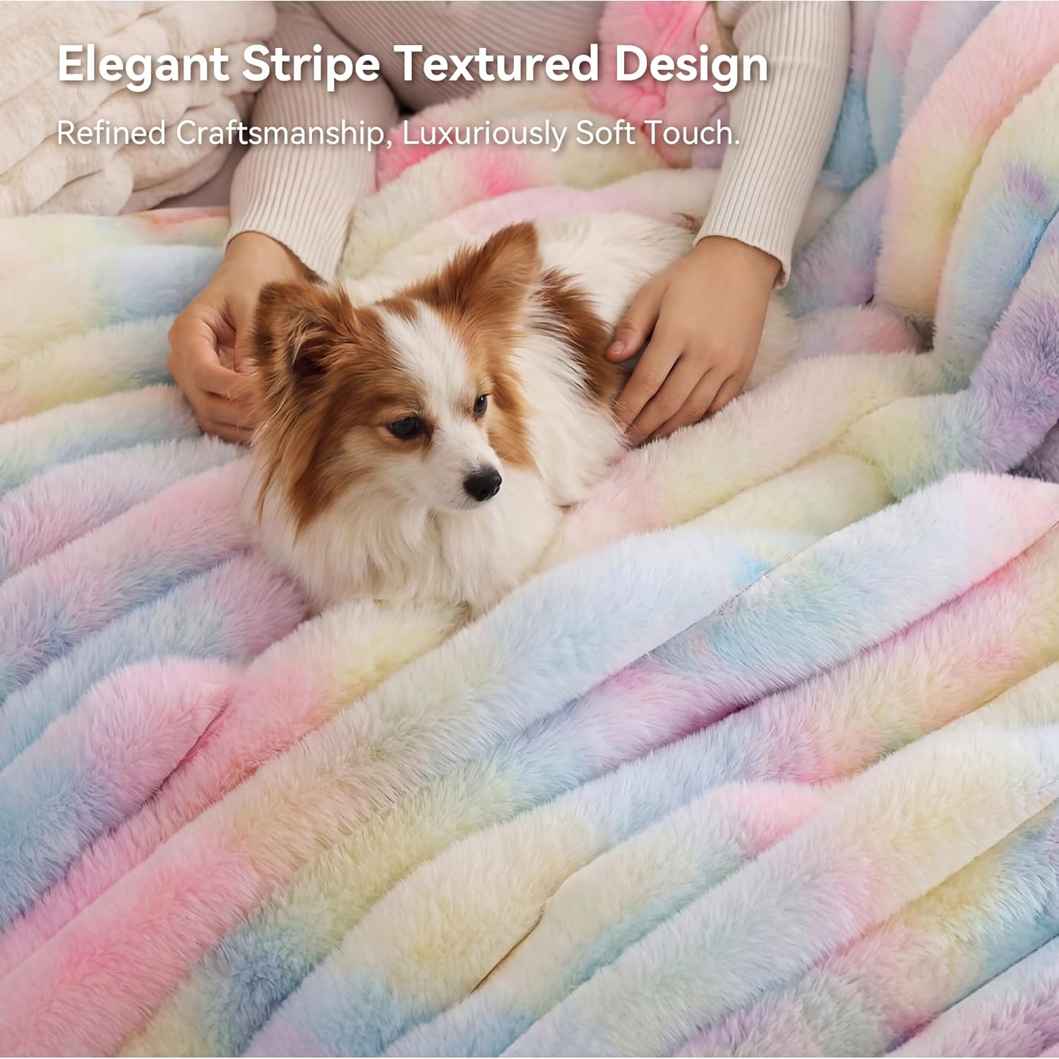 Smoofy Fluffy Faux Fur Throw Blanket - Super Soft Thick Plush Cozy Fuzzy Rabbit Fur, Luxury Warm Fleece Stripe Blanket for Couch, Sofa, Room Decor Gift for Women, Colorful Rainbow Throw, 60x80