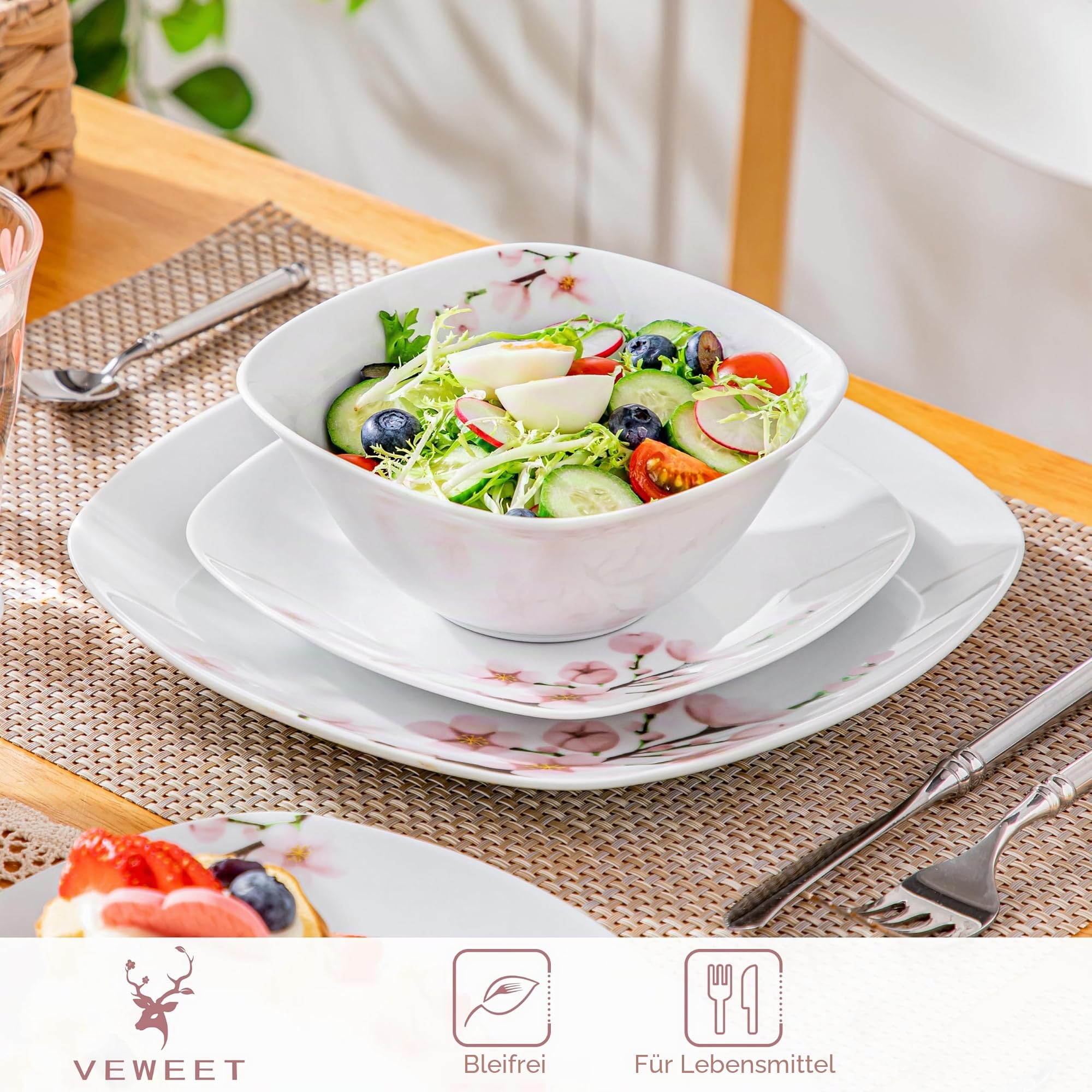 VEWEET Serie ANNIE 12-teiliges Porzellan Geschirrset für 4-12 Personen, Weiß mit rosa Blumenmuster, Tafelservice mit 4 Speiseteller, 4 Dessertteller und 4 Müslischalen (Schüssel- und Teller Set)