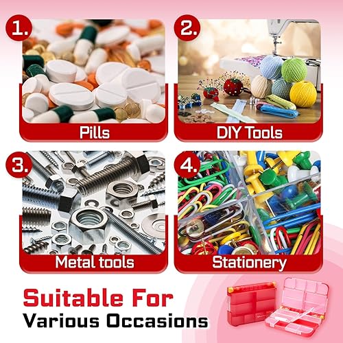 Miniatura 9 de Organizador de piezas de almacenamiento pequeño, caja de plástico portátil roja con divisores, almacenamiento de doble cara, caja de juego de puntas