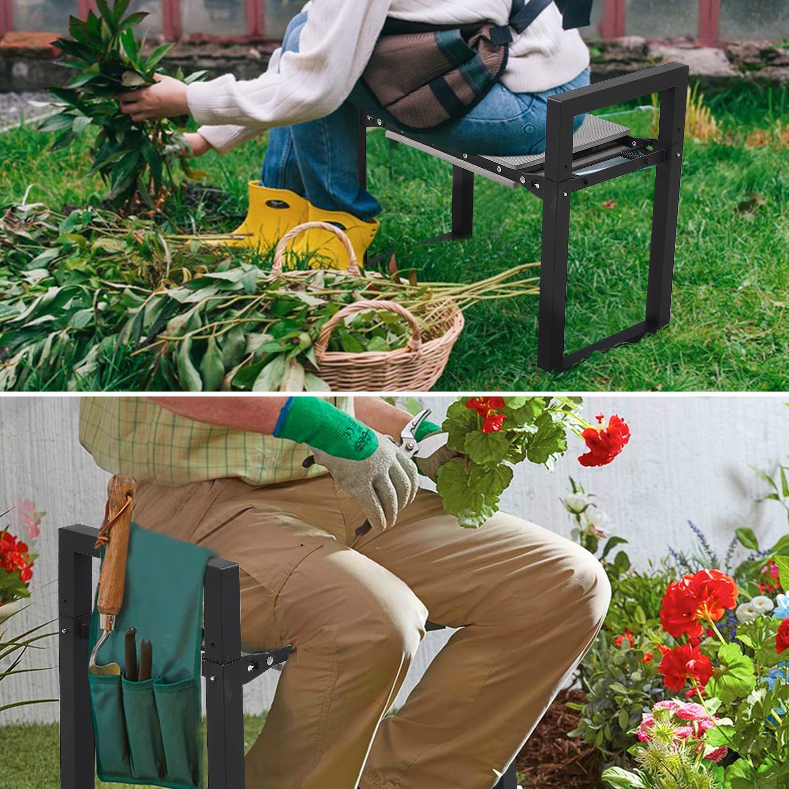 Banc de jardin pliable - Assise extra large de 31 cm - Avec rembourrage confortable - Idéal pour le jardinage, le camping et la pêche - Cadeau pour les jardiniers - Noir