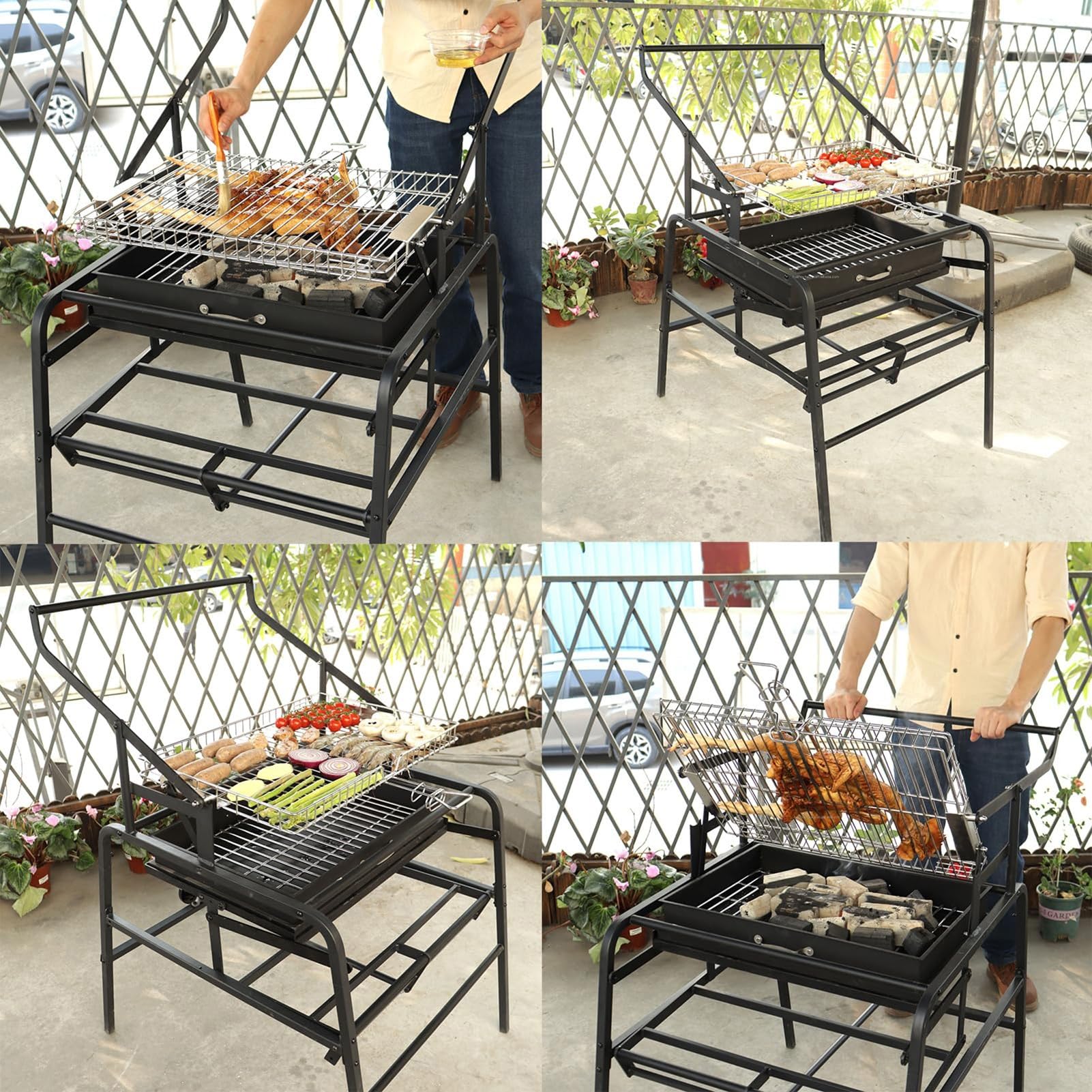 Griglia per barbecue in acciaio inox, girevole a 360°, portatile, per campeggio, barbecue, picnic, spiaggia