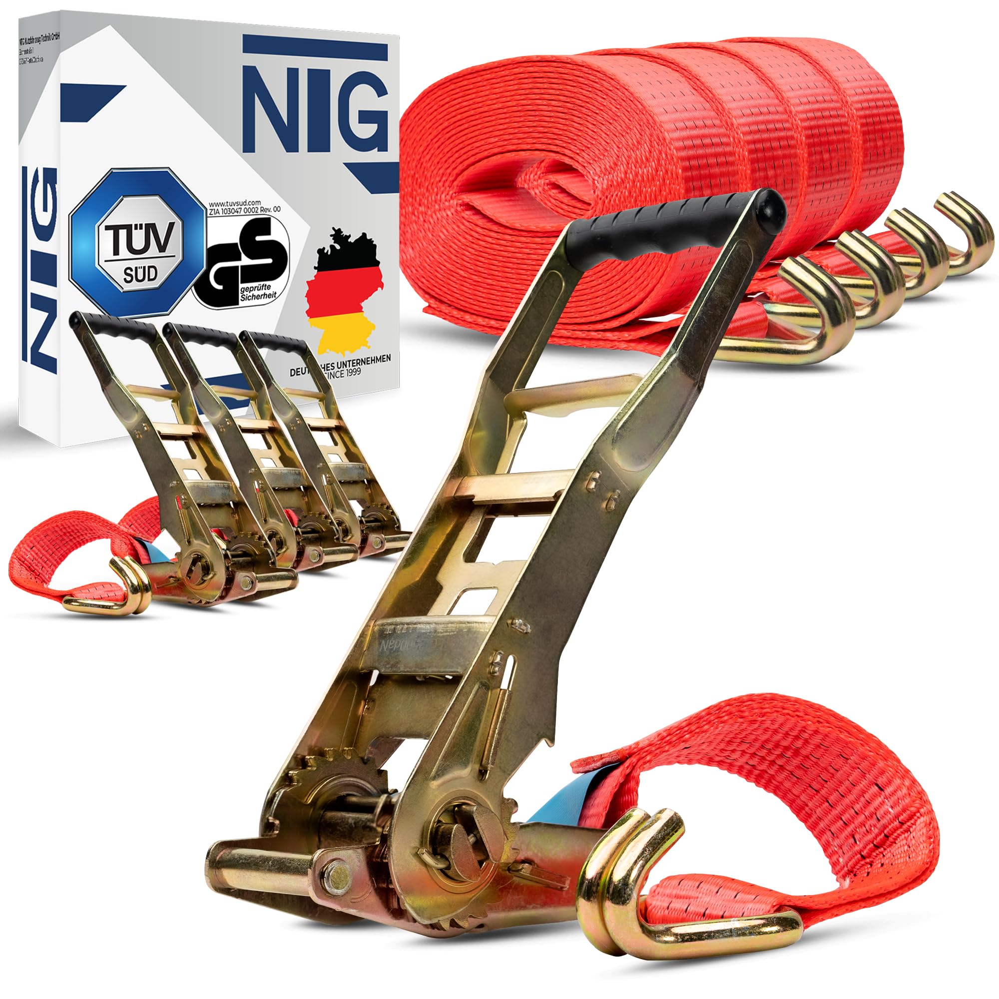 4 Stück 5000kg 10m Spanngurte mit Ergo Ratsche Langhebelratsche - TÜV/GS geprüft - Haken Ratschengurte Zurrgurt 2 teilig Spanngurt LKW Zurrgurte 50mm