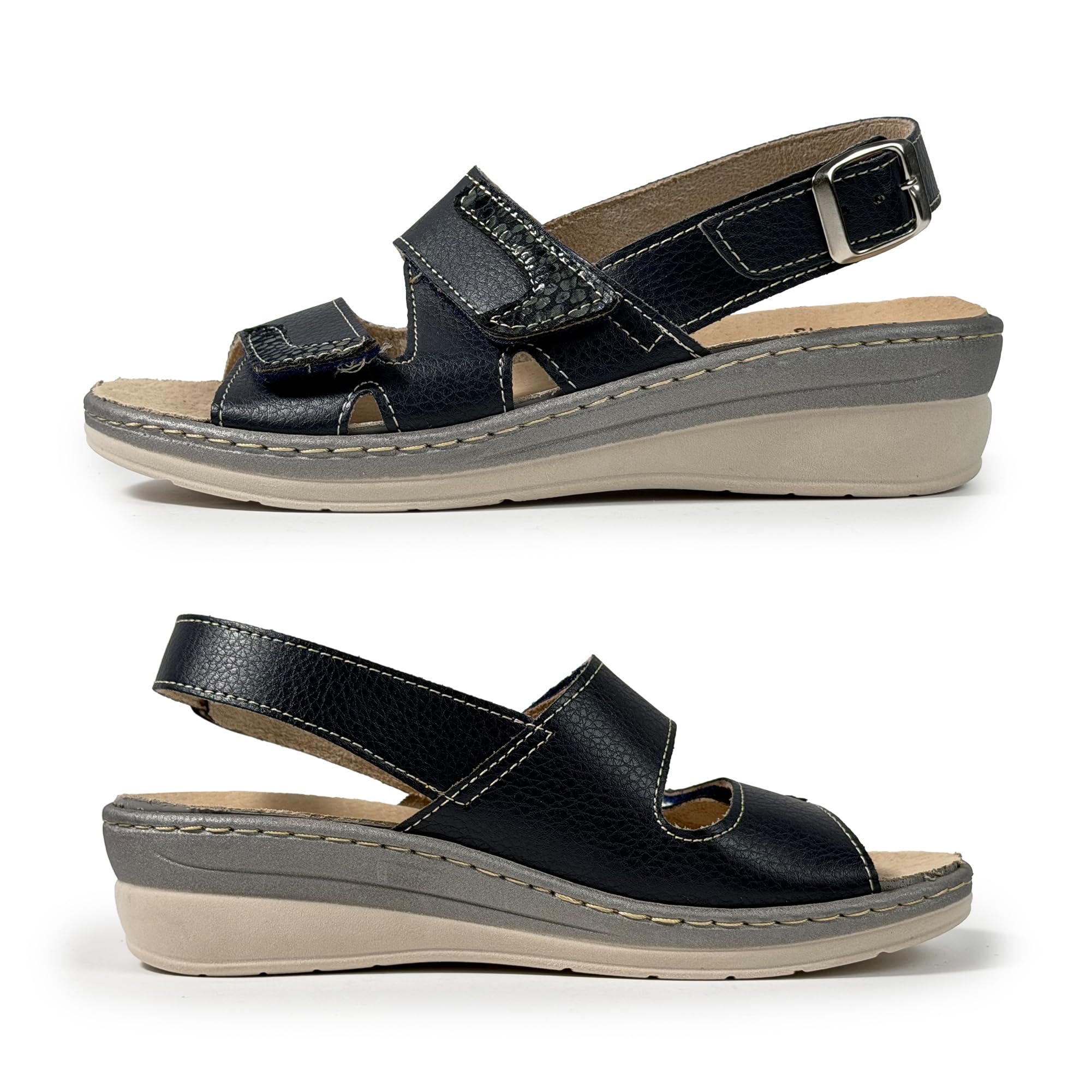 JOMIX Sandalias Mujer Cómodas con Cierre Ajustable Sandalias Ortopédicas Mujer Plantilla Extraíble de Piel Cuña Baja Antideslizante para Pies Anchos Verano Caminar